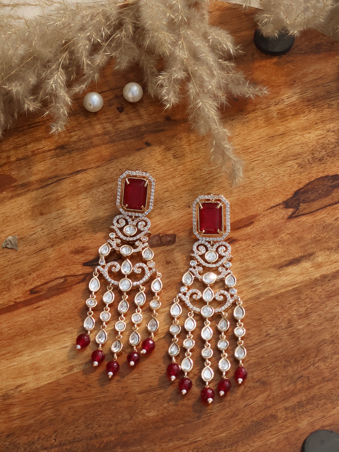 Saaz Polki Red Earrings