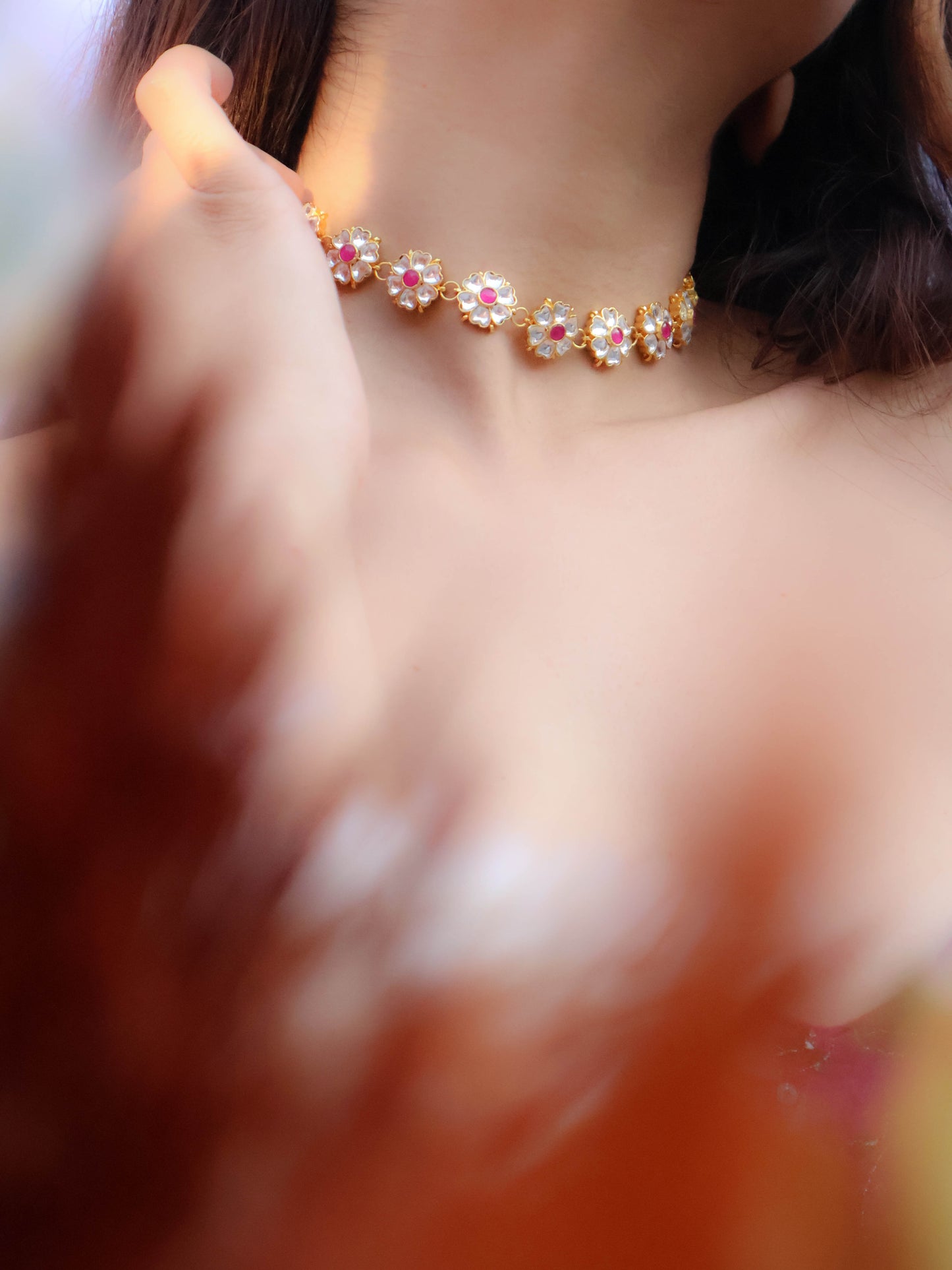Purva Pink Floral Choker Necklace