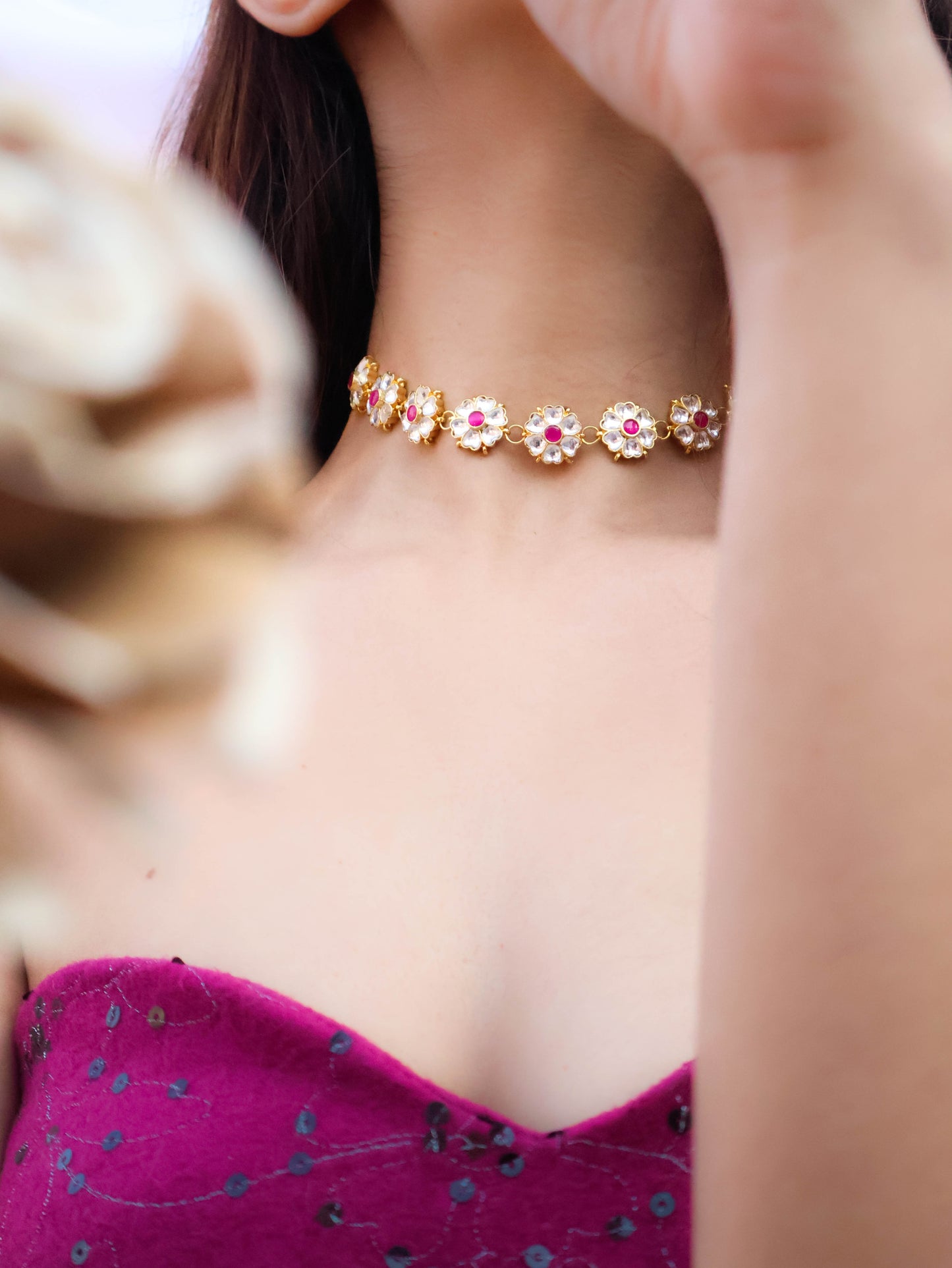 Purva Pink Floral Choker Necklace