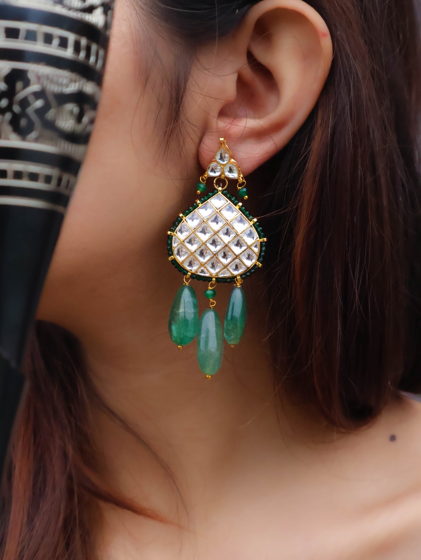 Ashvika Kundan Green Drop Earrings