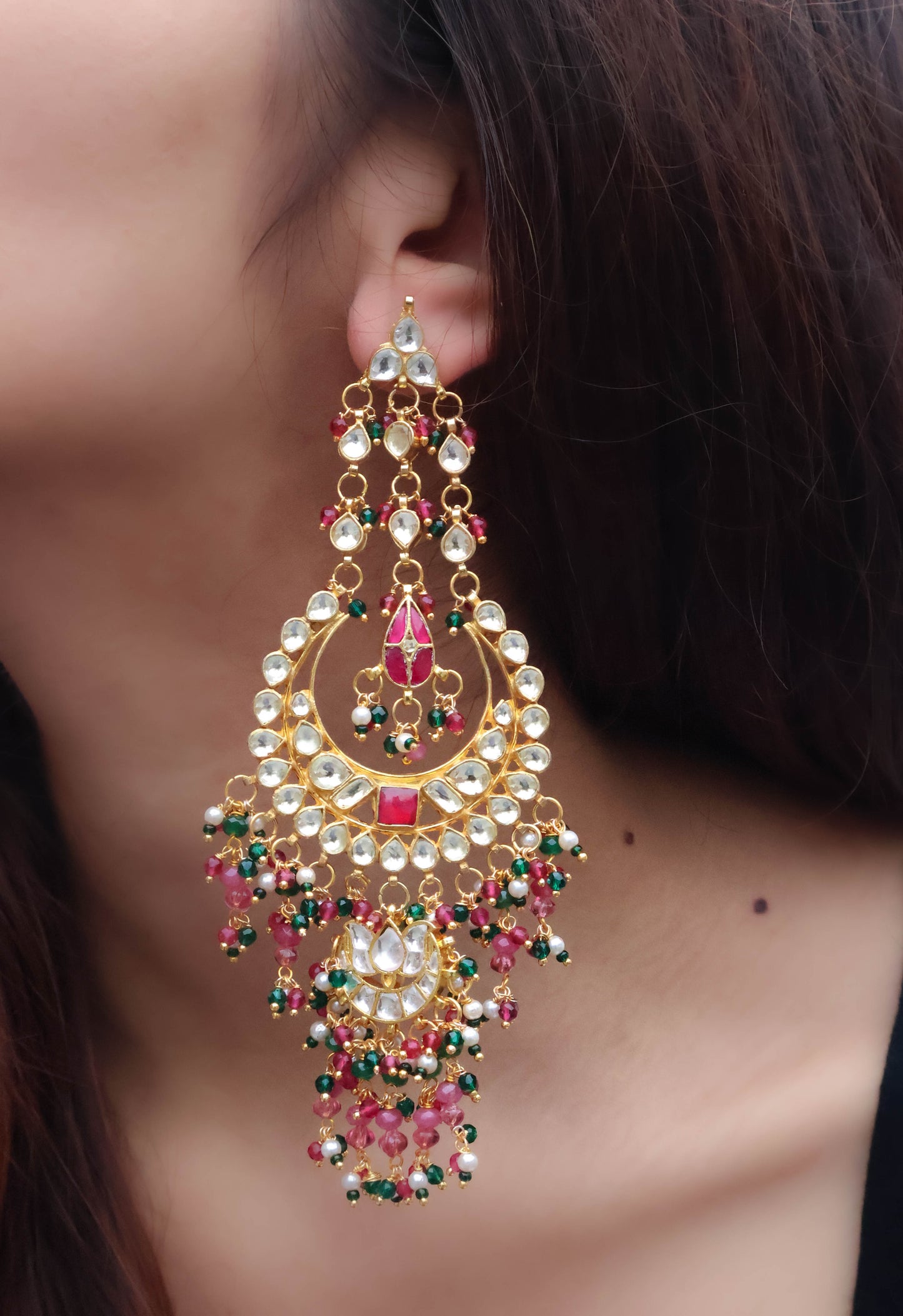 Yuvika Pink-Green Kundan Chaandbaali Earrings