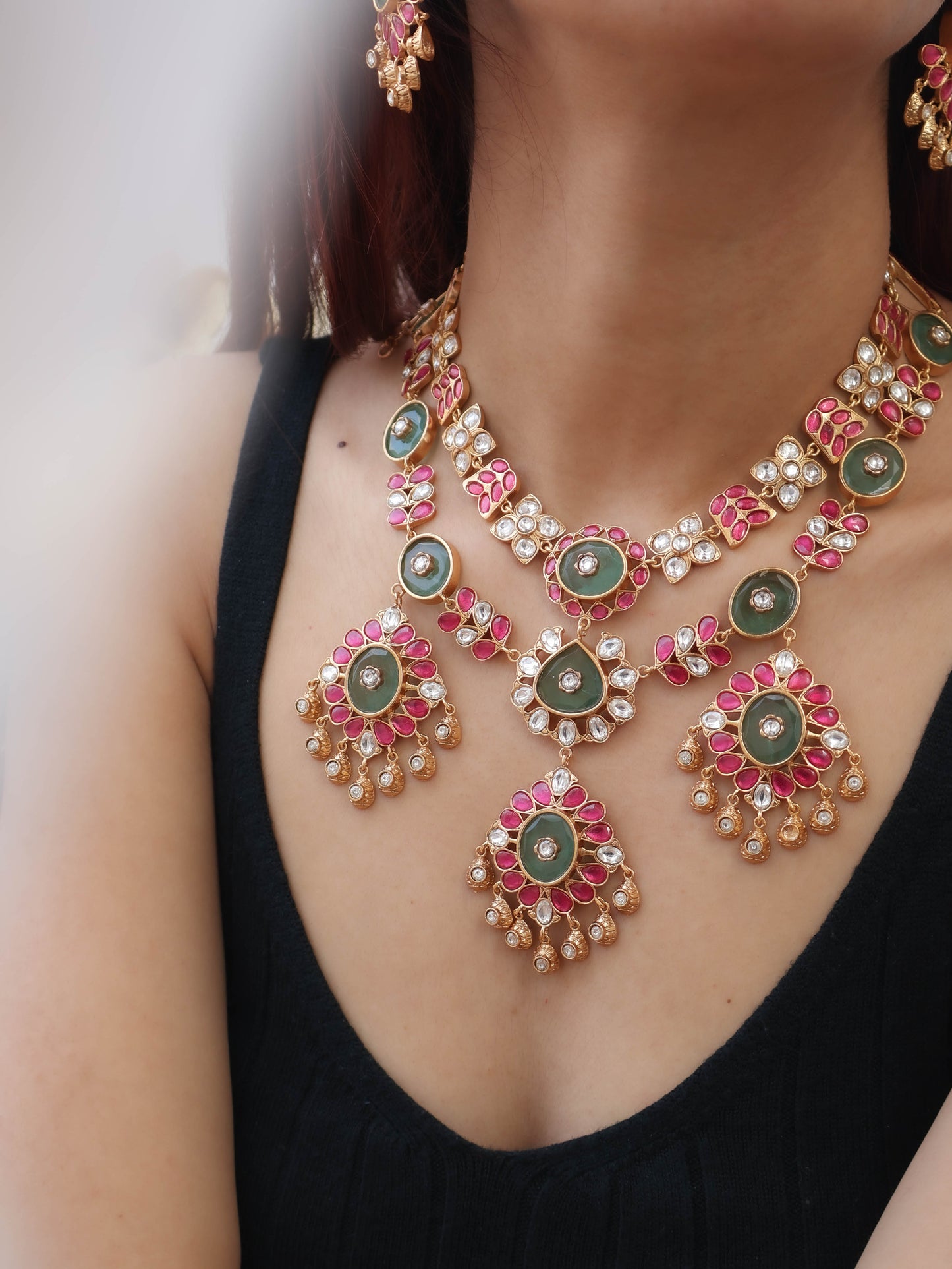 Era Layered Mint-Green Polki Necklace