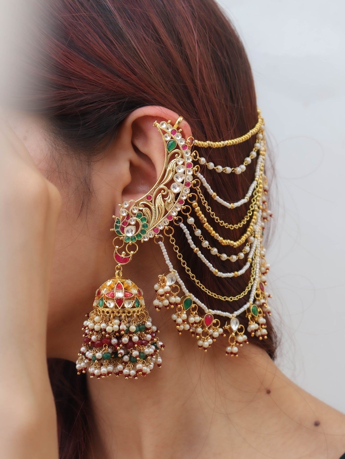 Niharika Kundan Red-Green Earchain Earrings