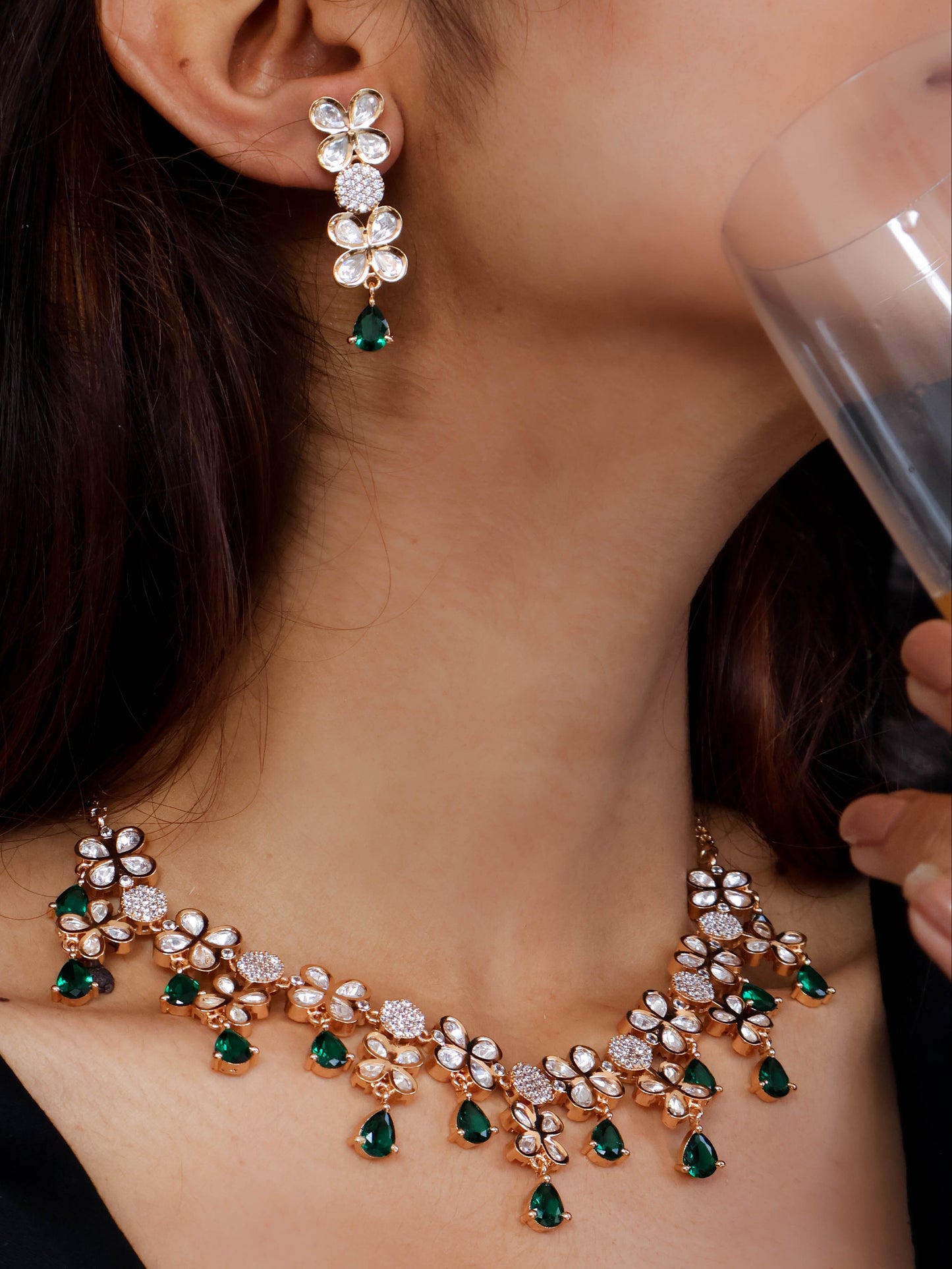 Auzer Green Polki Necklace Set