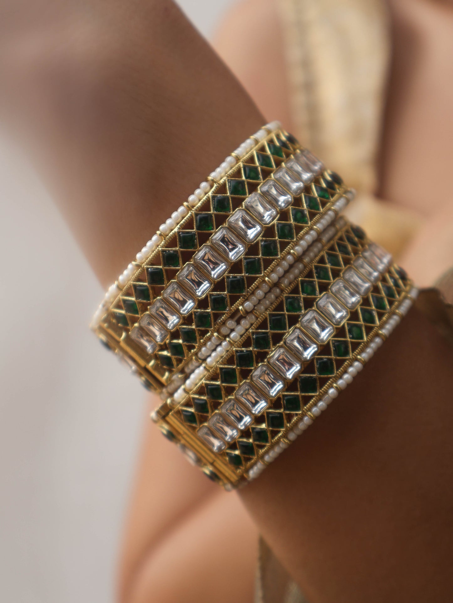 Rowan Green Kundan Bangles - Pair of 2