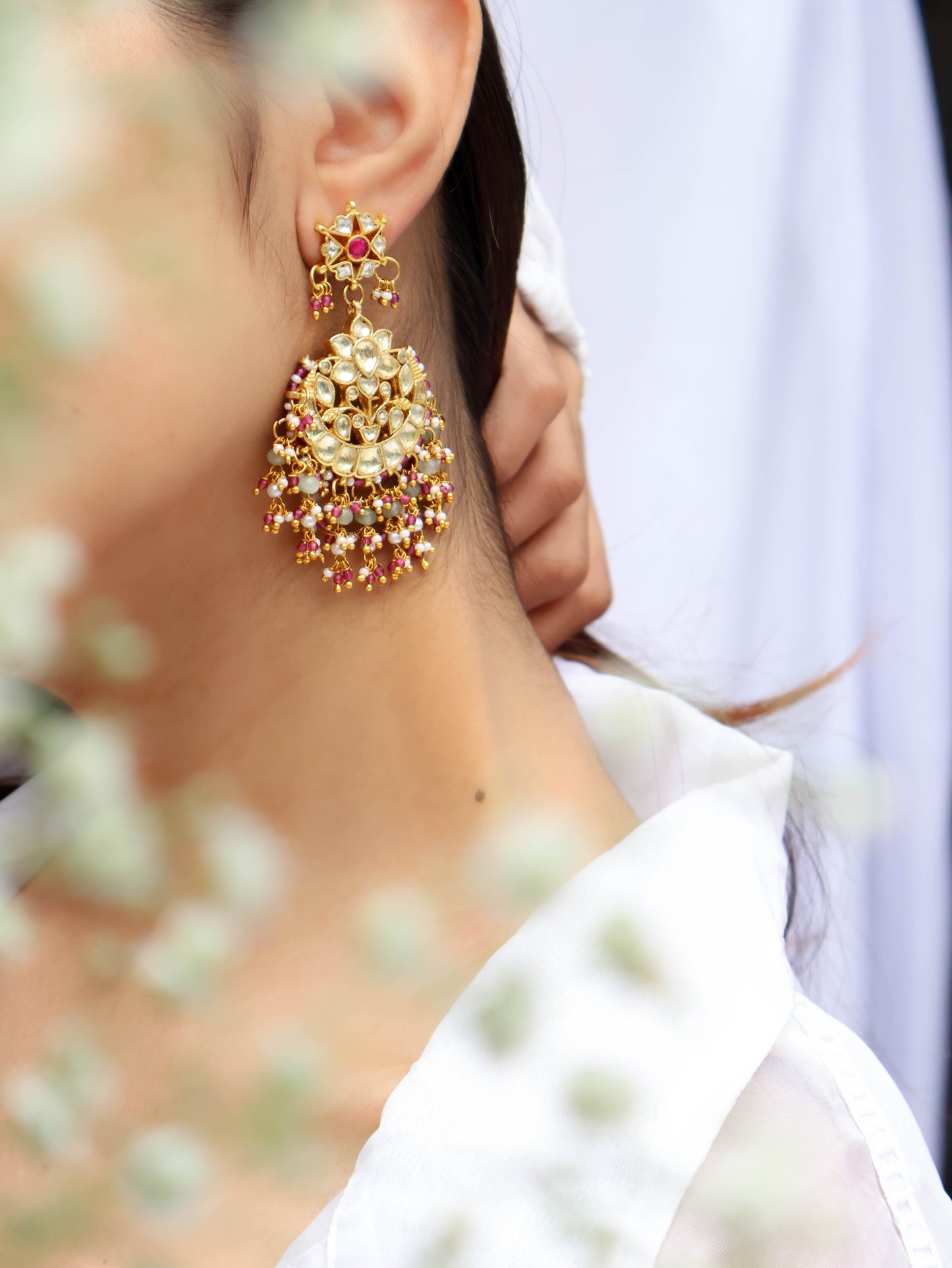 Mithila Pink Kundan Chaandbaali Earrings