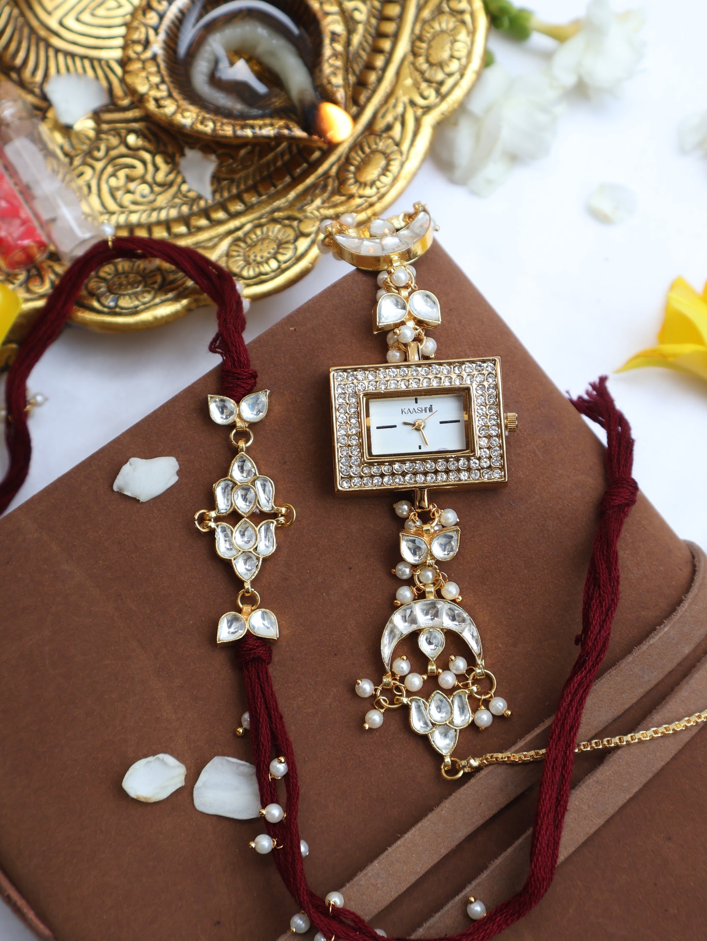 Shewet Kundan Rakhi & Wrist Watch Set