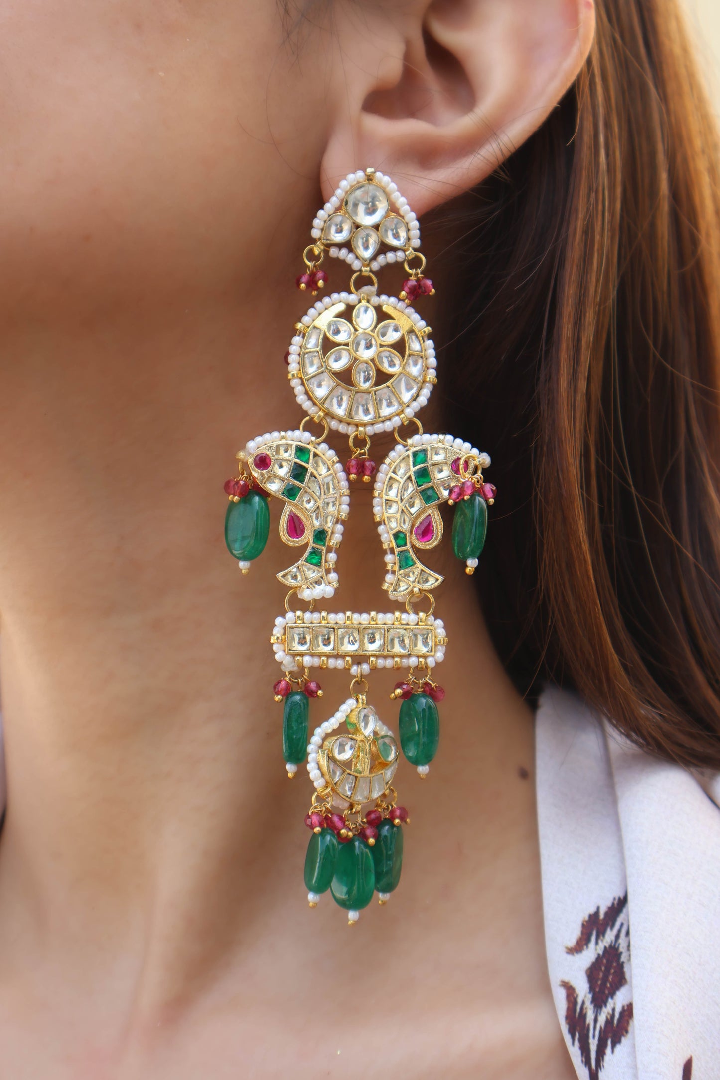 Pisces Green-Pink Kundan Earrings