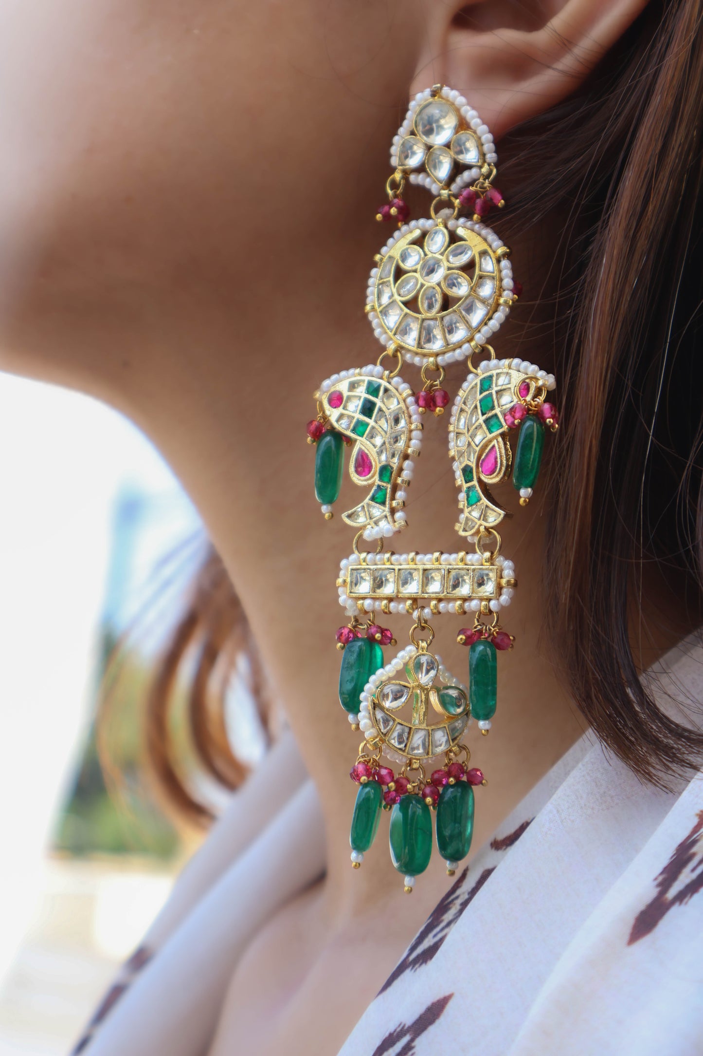 Pisces Green-Pink Kundan Earrings