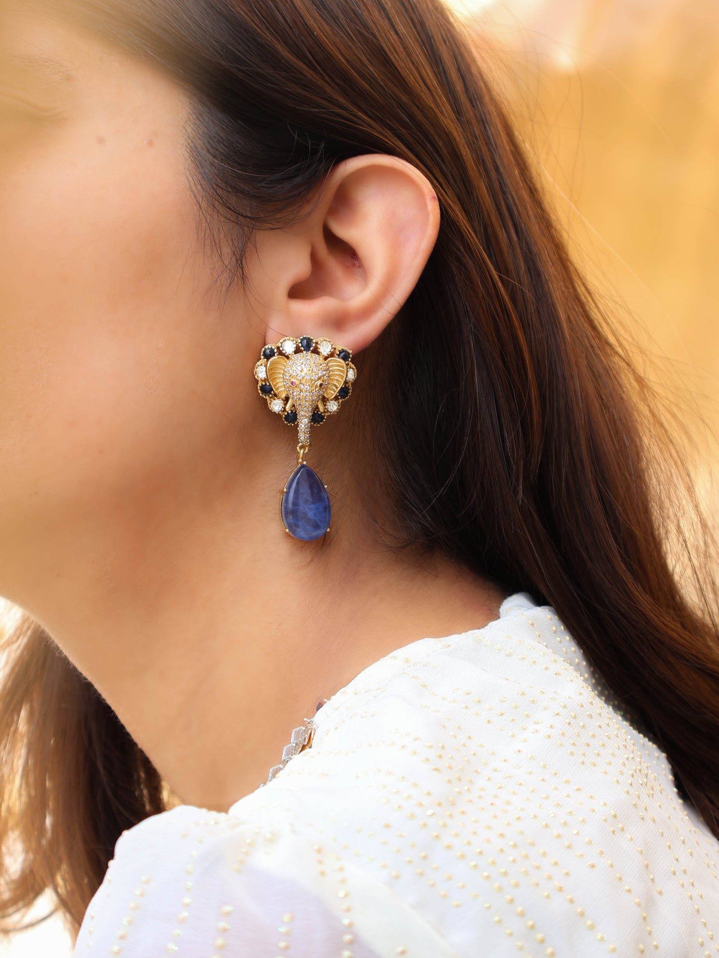 Ekdanta Blue Victorian Elephant Earrings