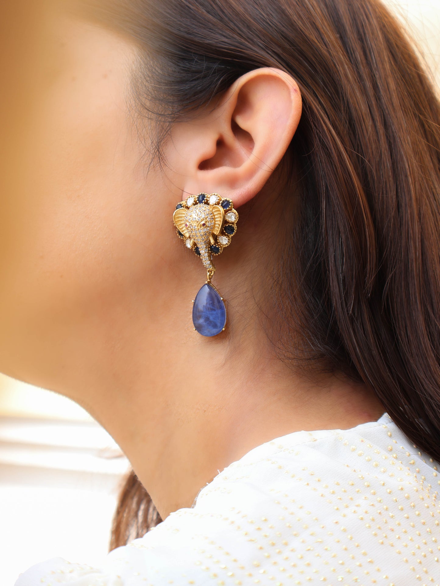 Ekdanta Blue Victorian Elephant Earrings