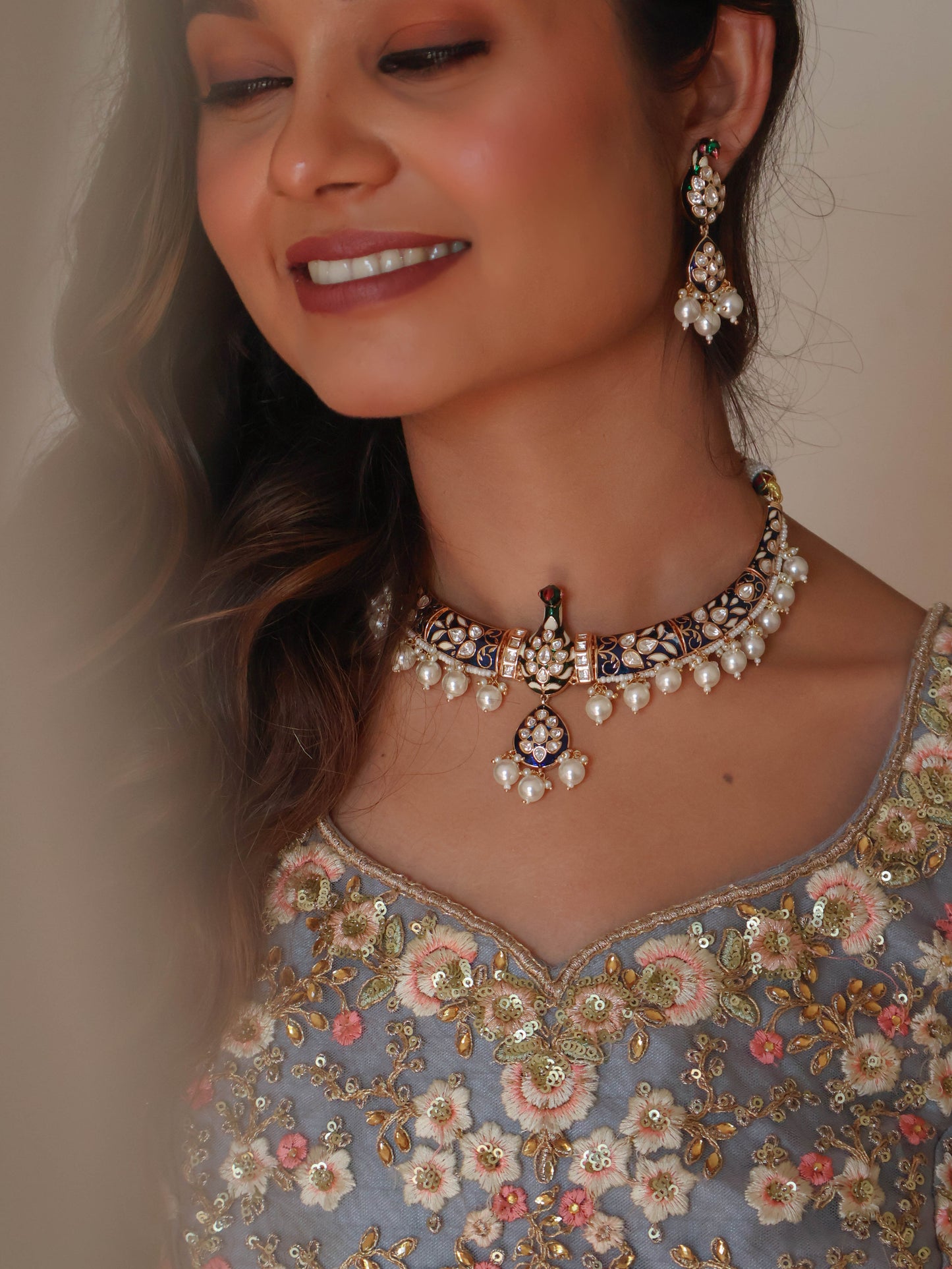 Isra Blue Meenakari Peacock Necklace Set