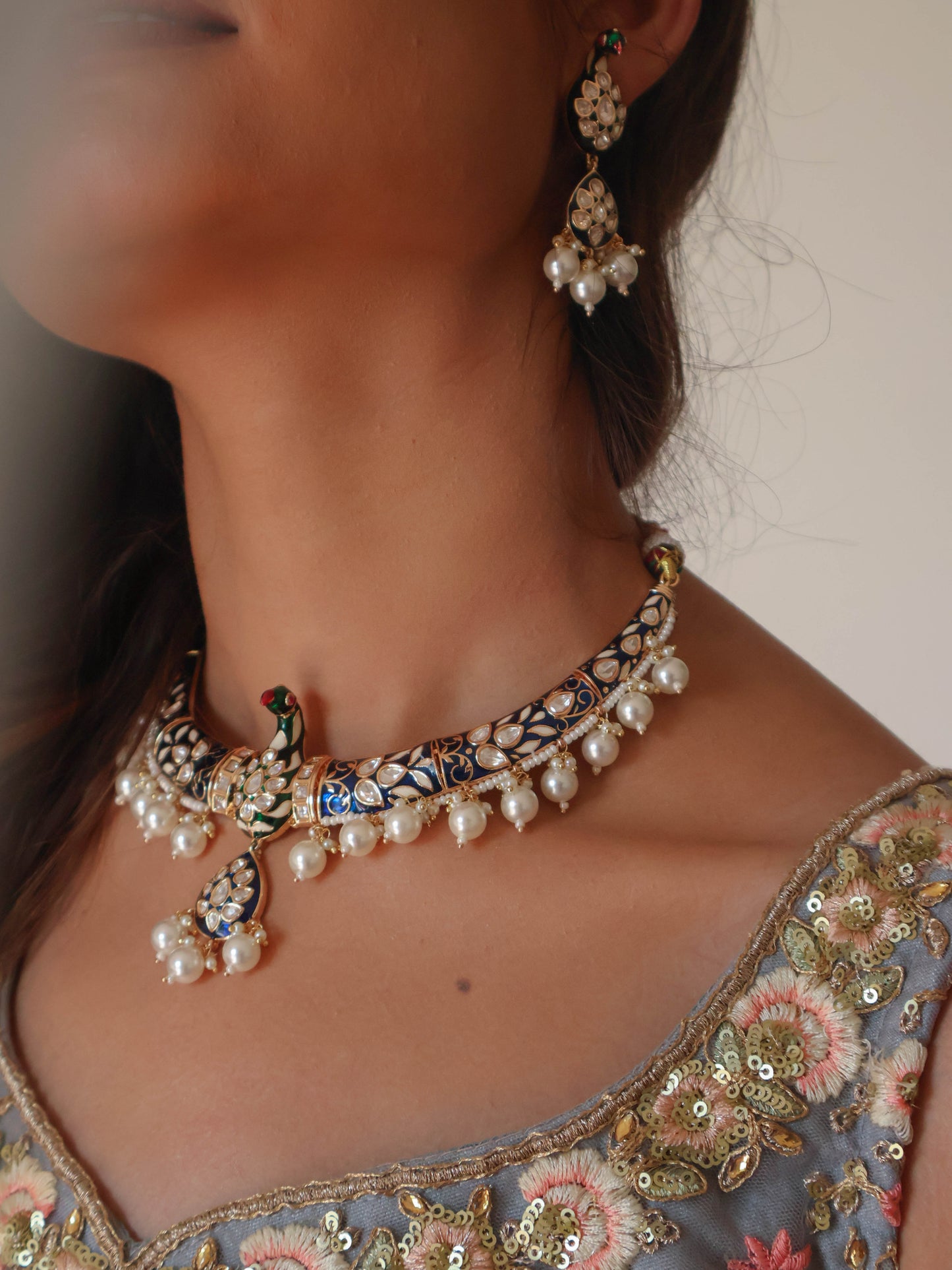 Isra Blue Meenakari Peacock Necklace Set