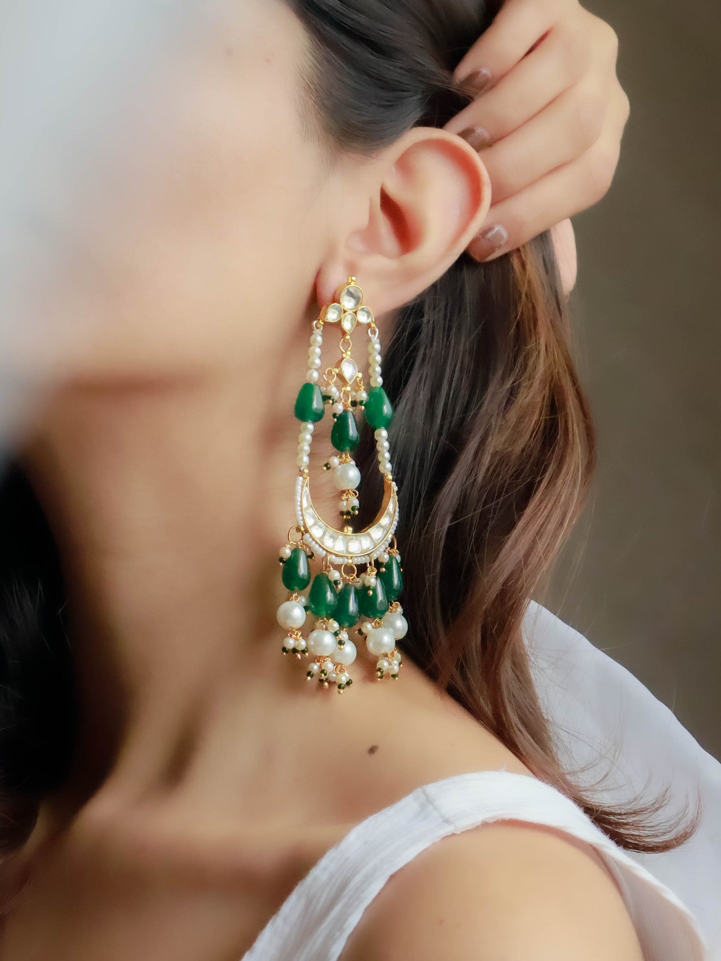Maheen Green Kundan Chaandbaali Earrings