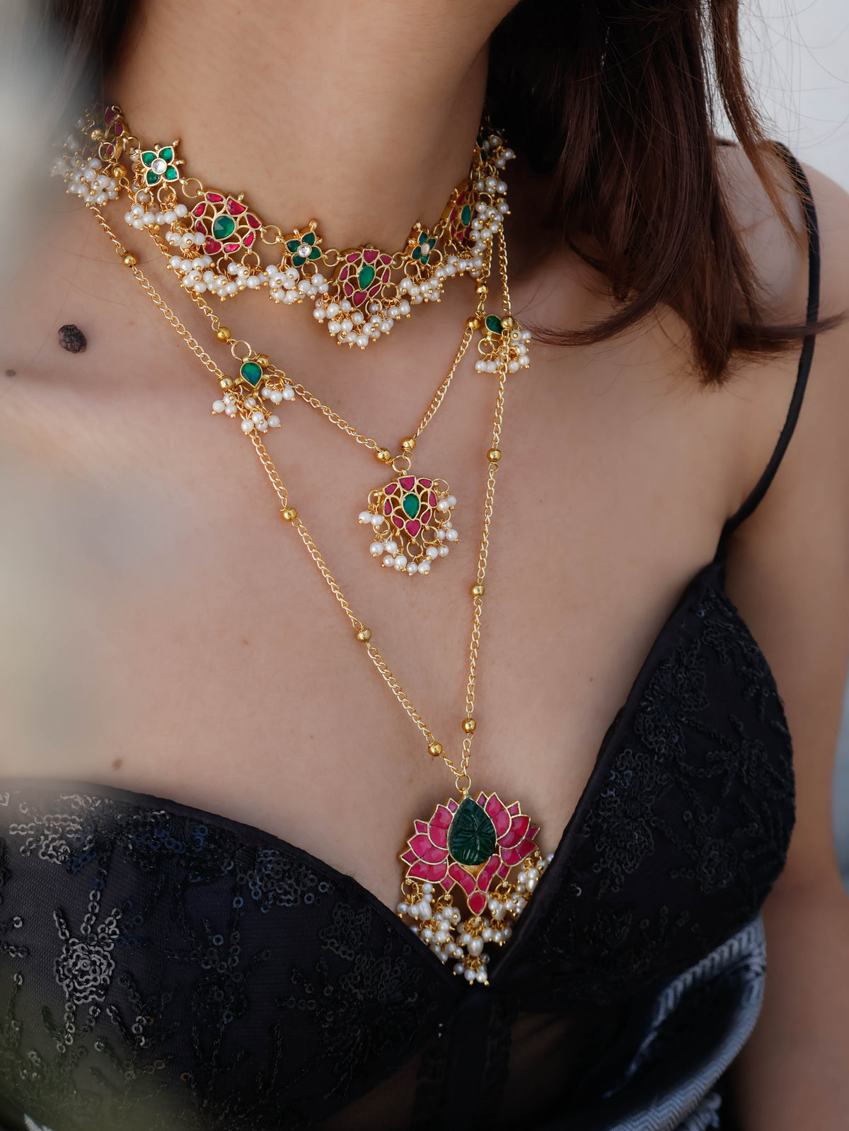 Vaneeza Green-Ruby Red Kundan Multilayered Necklace