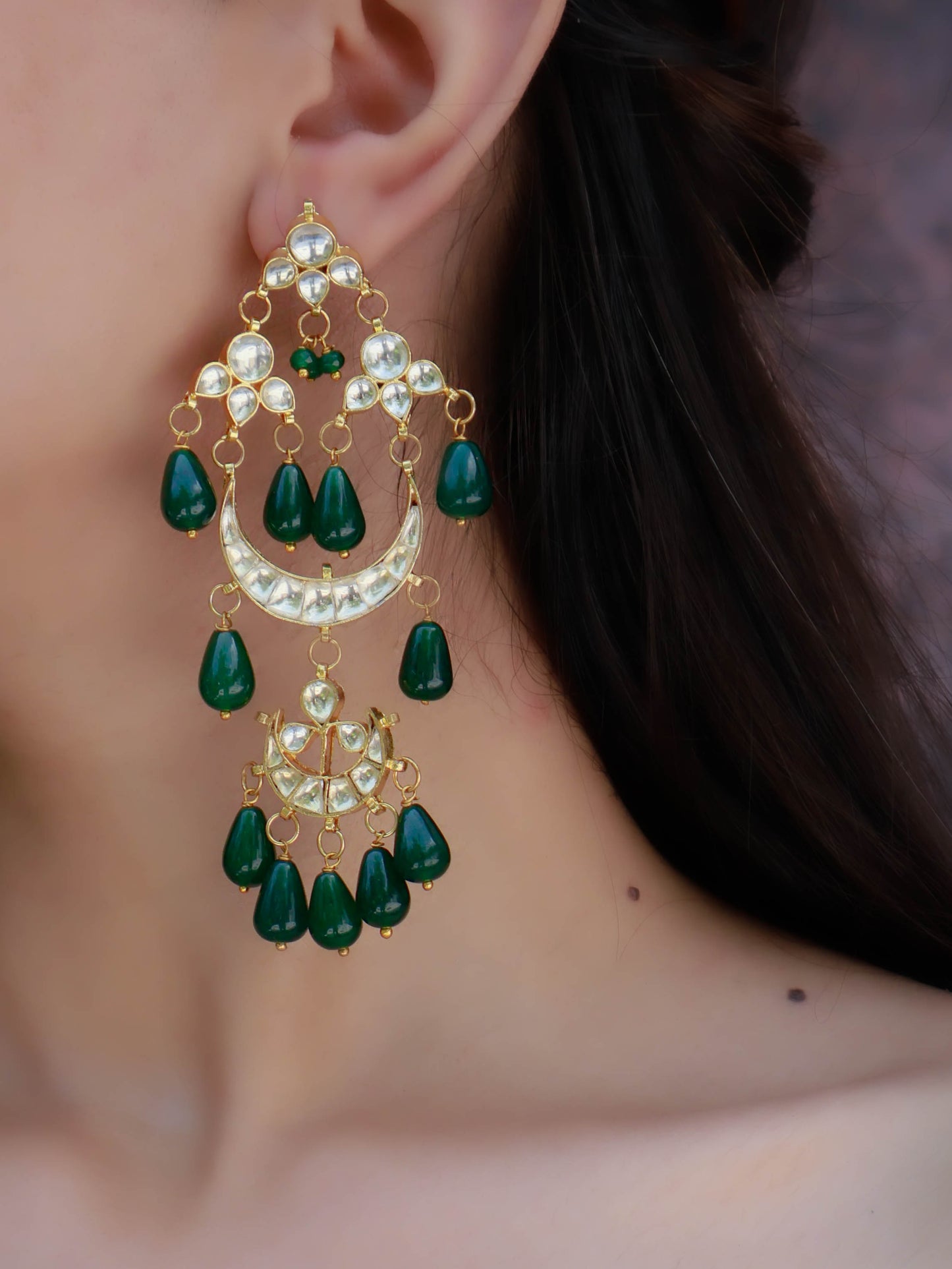 Hania Green Kundan Chandbali Earrings