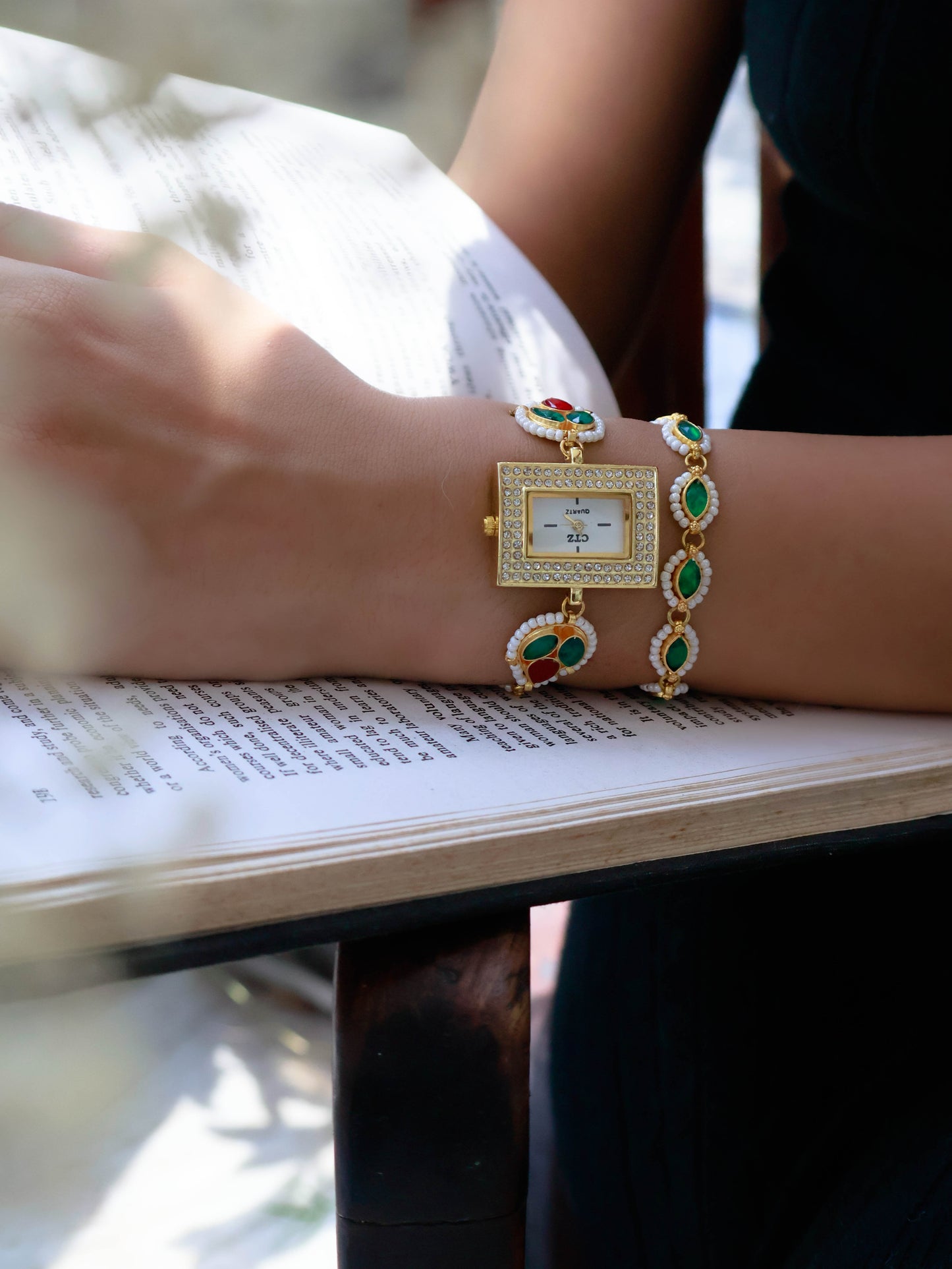 Haneen Red-Green Kundan Wrist Watch & Bracelet Set