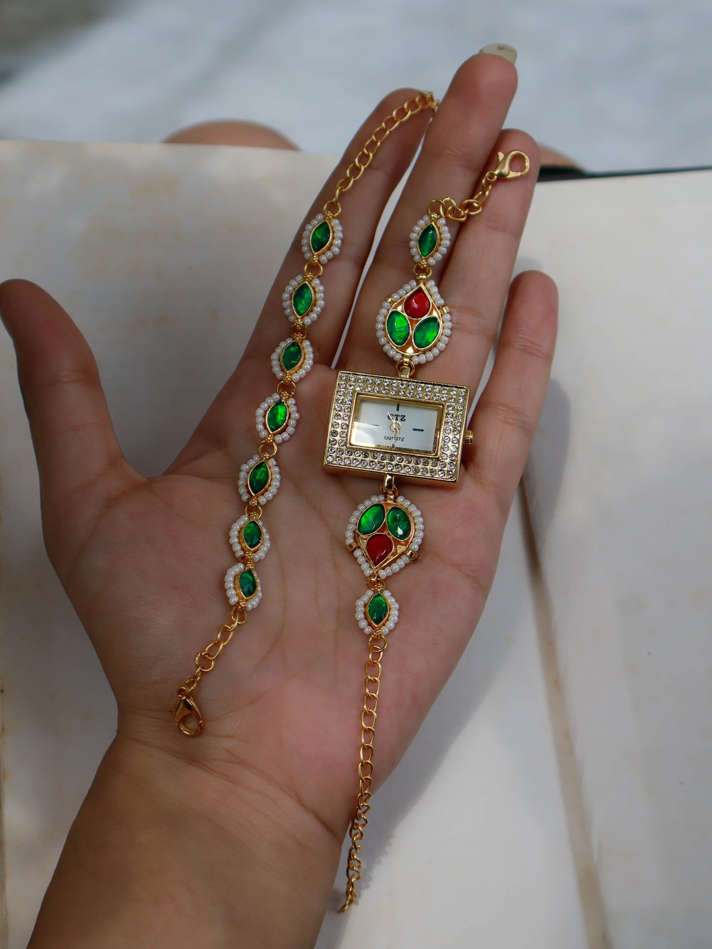 Haneen Red-Green Kundan Wrist Watch & Bracelet Set