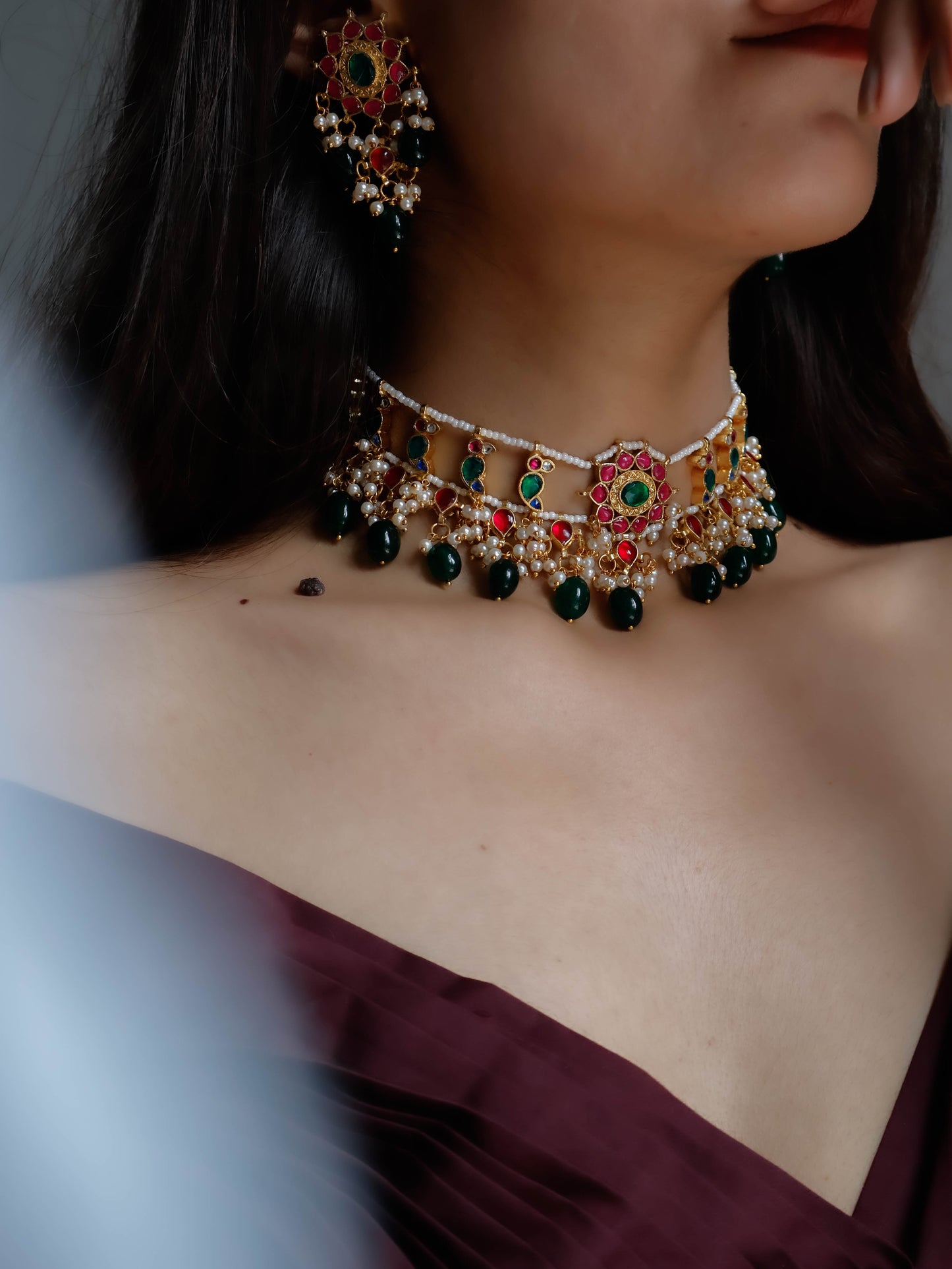 Alanna Red & Green Kundan Choker Necklace Set