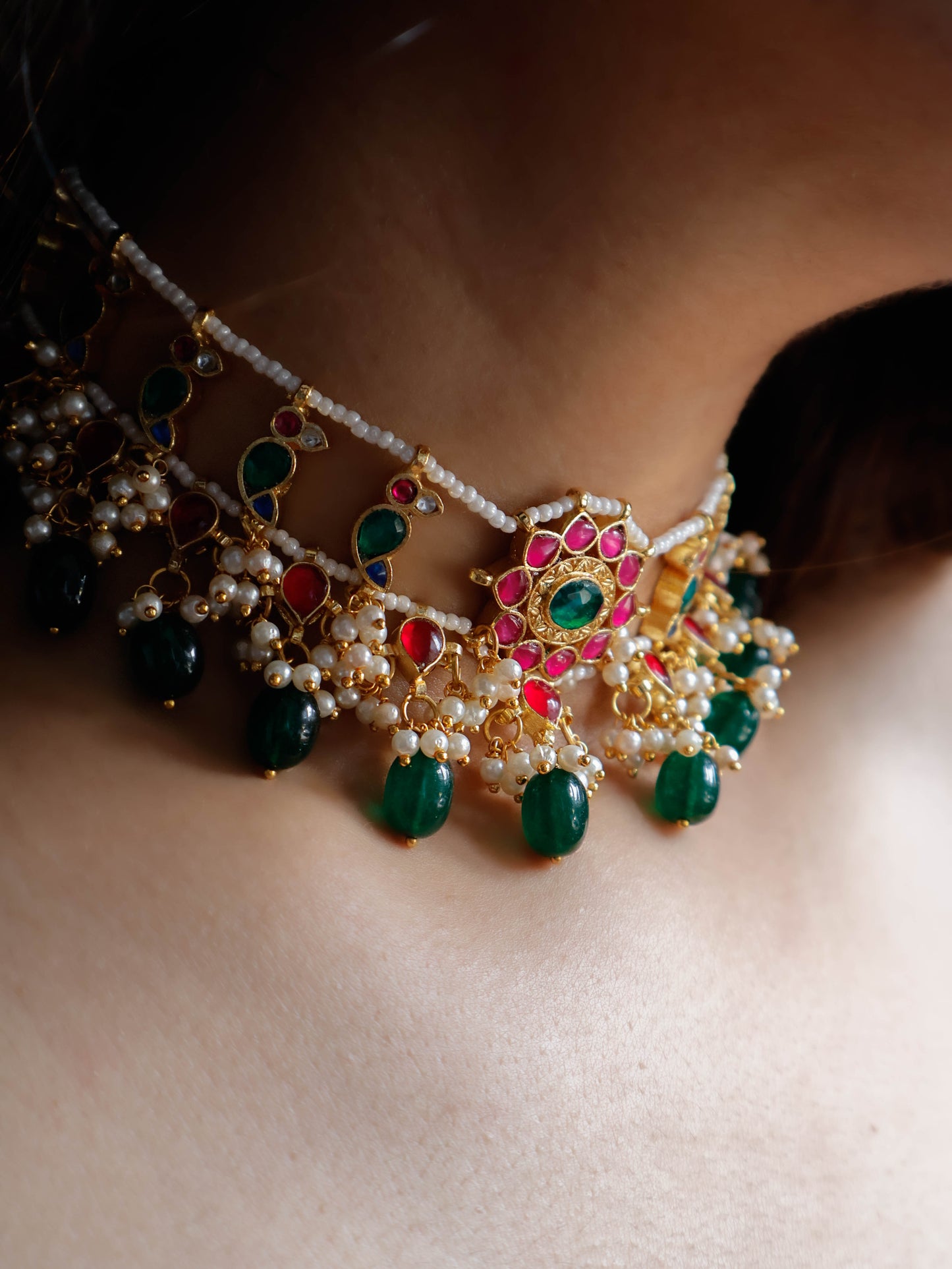 Alanna Red & Green Kundan Choker Necklace Set