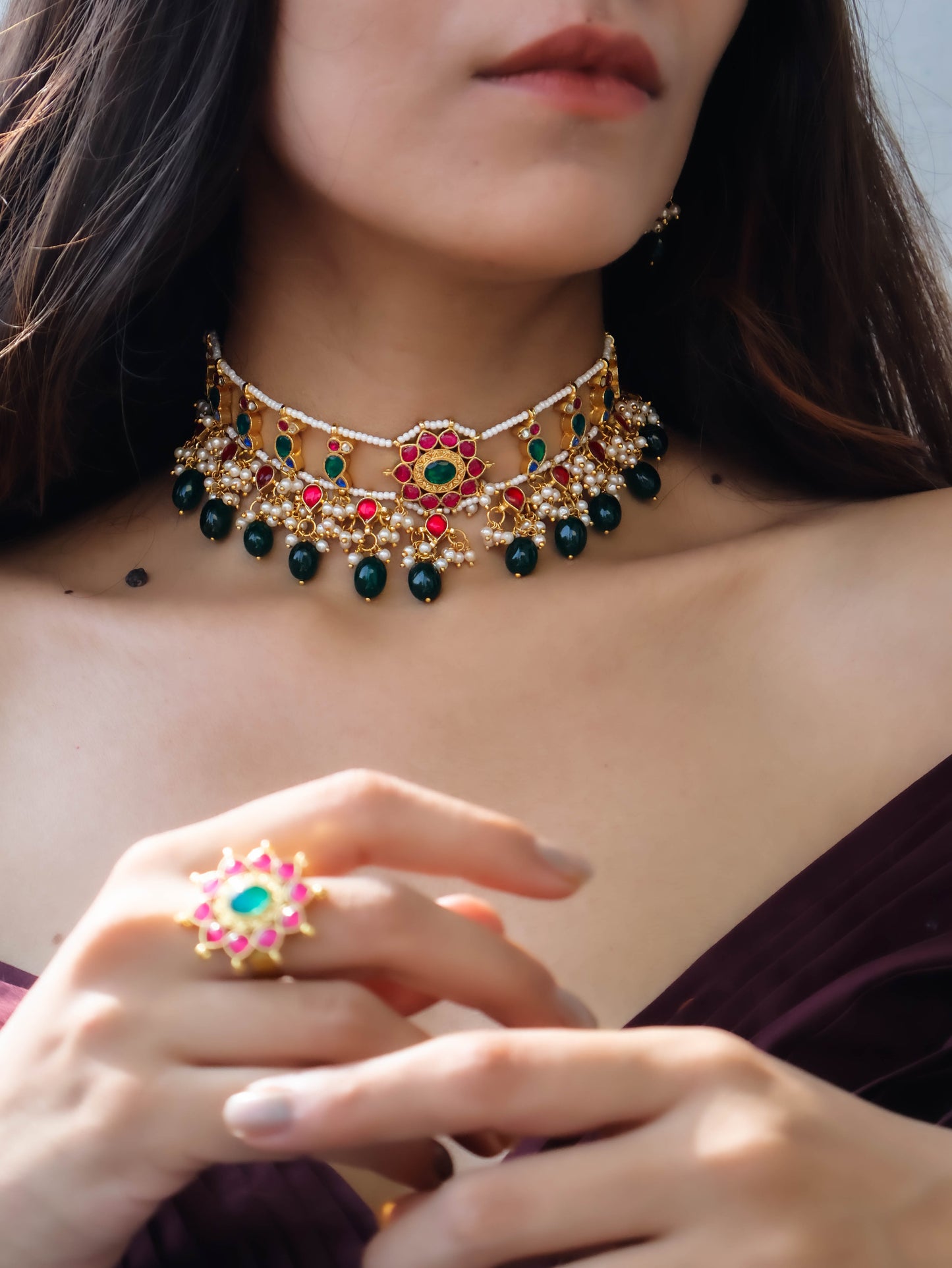 Alanna Red & Green Kundan Choker Necklace Set