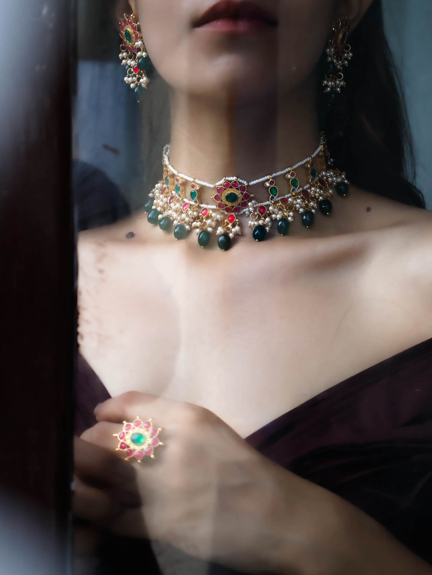 Alanna Red & Green Kundan Choker Necklace Set
