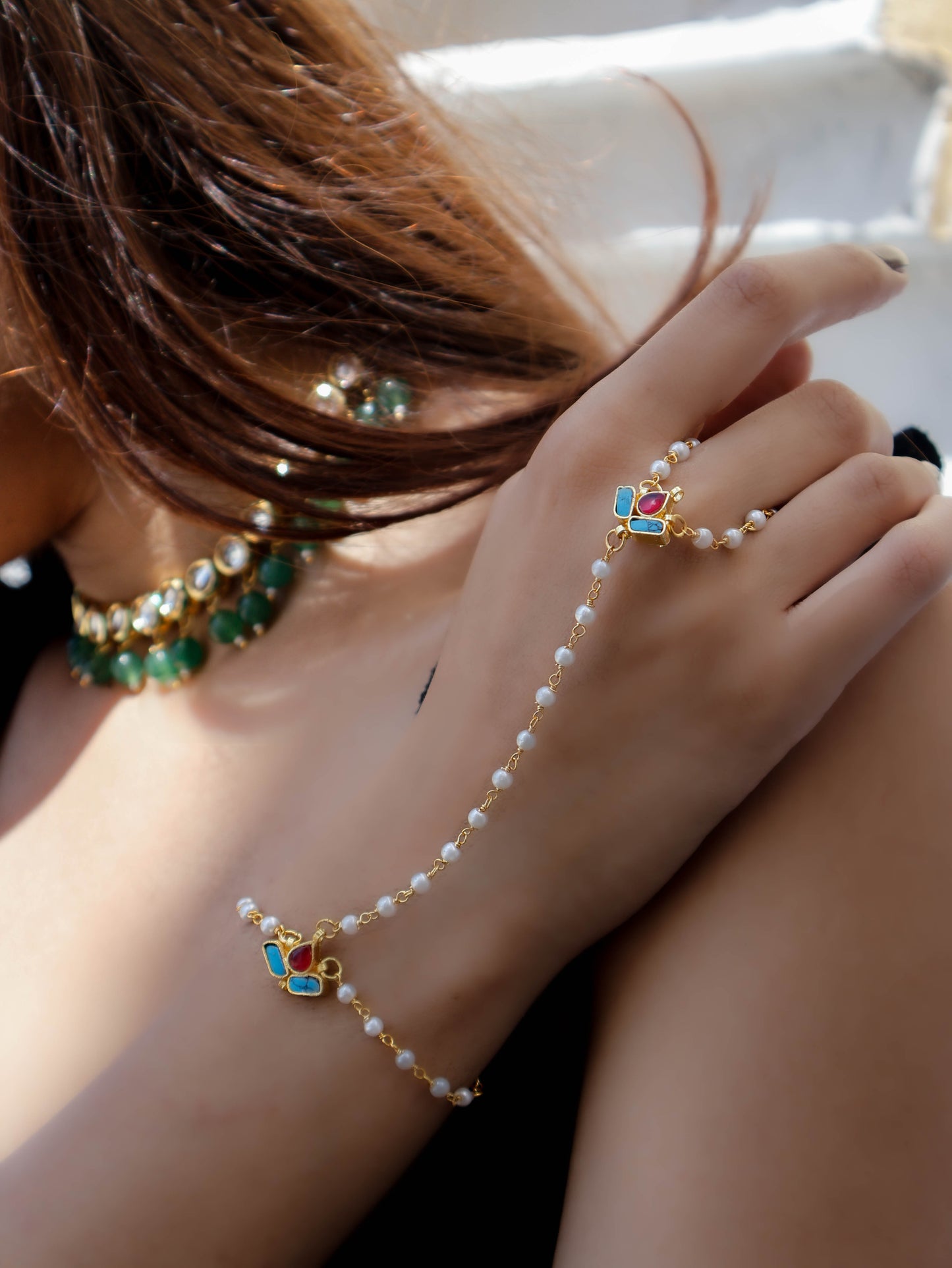 Glory Turquoise Kundan Hathphool