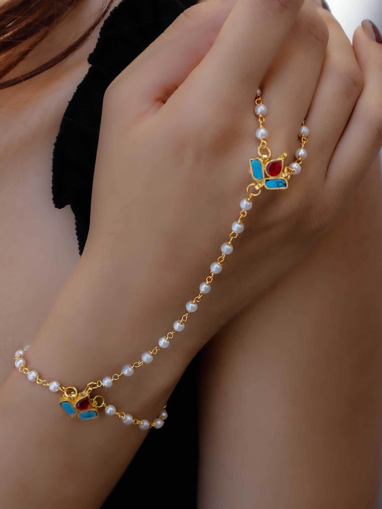 Glory Turquoise Kundan Hathphool