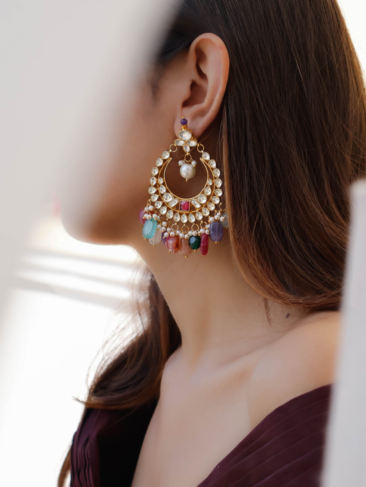 Asaara Multicolored Kundan Chaandbaali Earrings