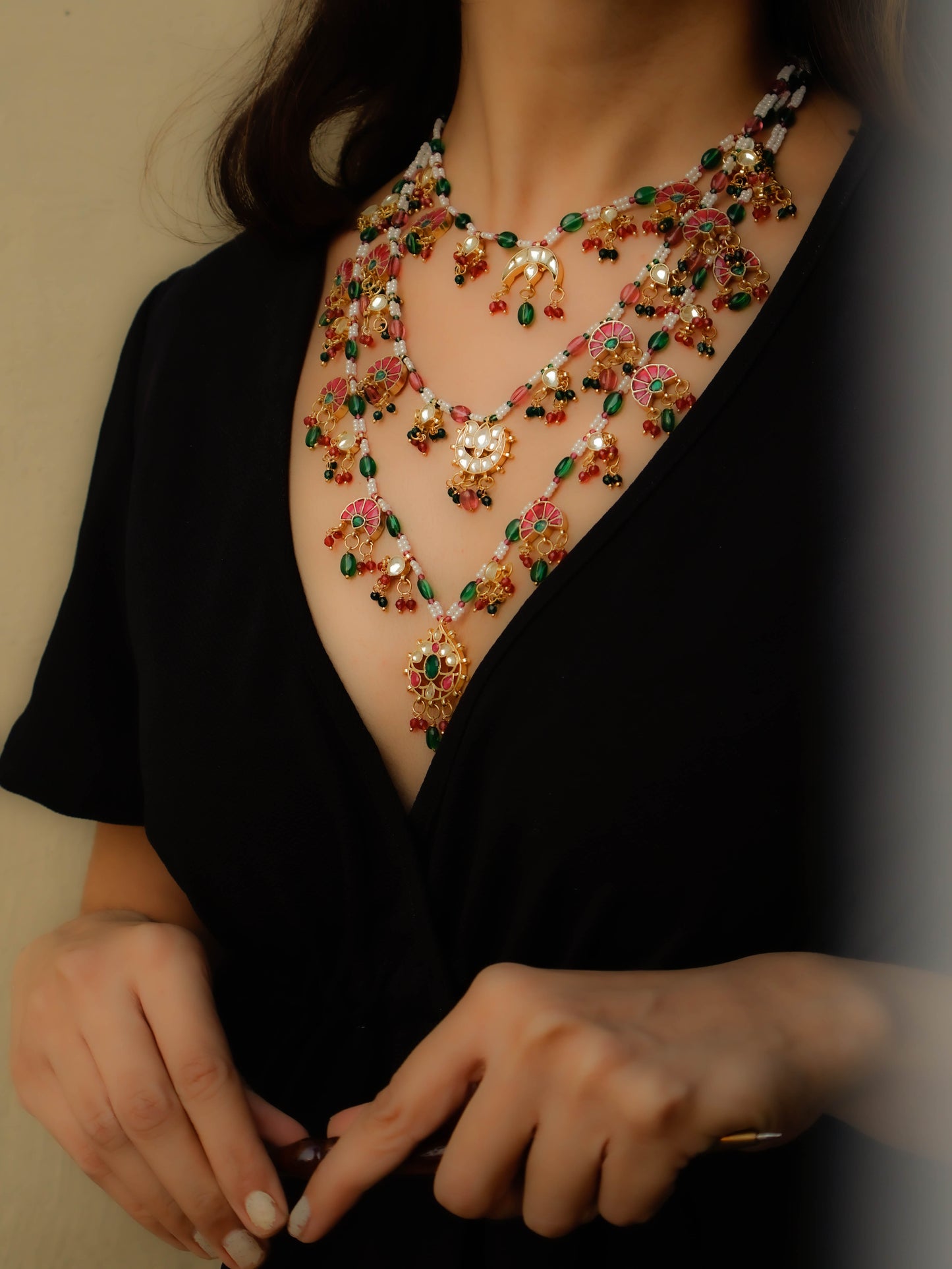 Kaylee Red & Green Multi-layered Kundan Necklace