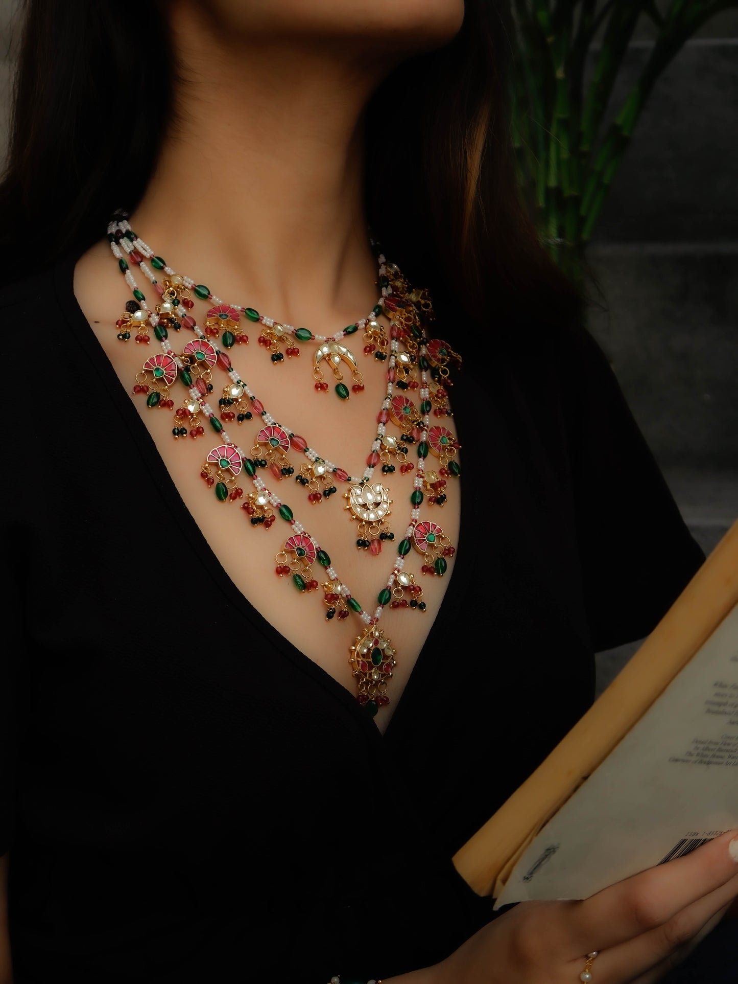 Kaylee Red & Green Multi-layered Kundan Necklace