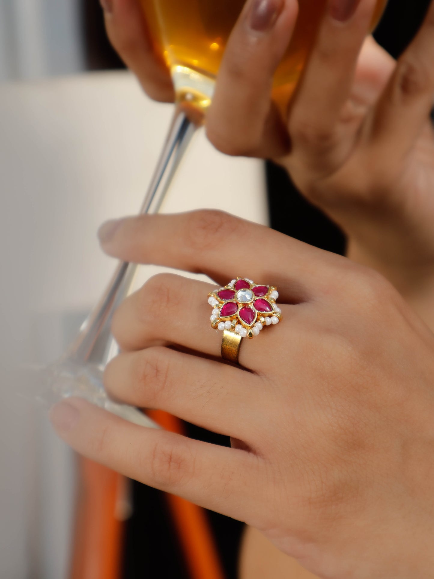 Sara Red Floral Kundan Ring