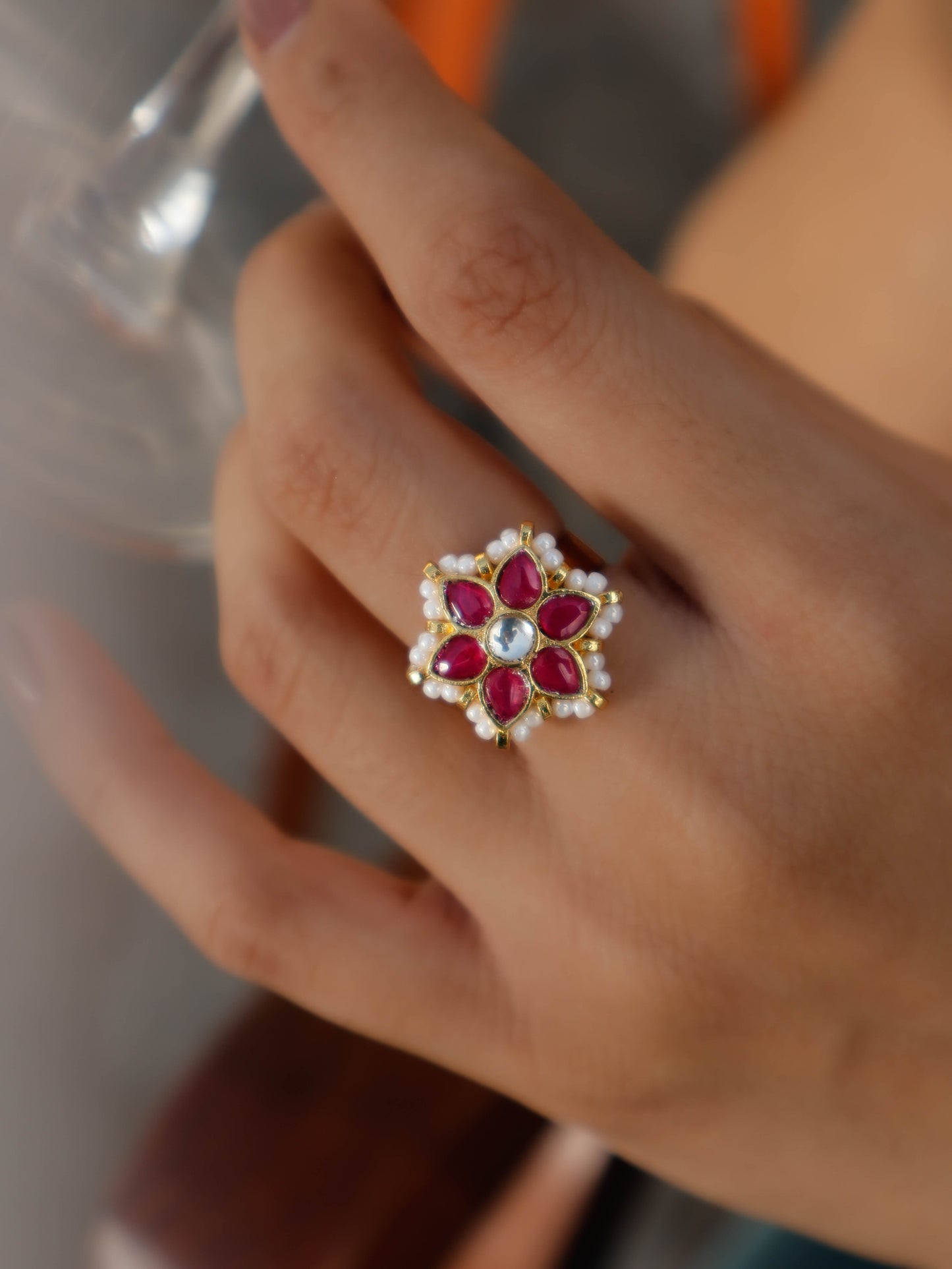 Sara Red Floral Kundan Ring