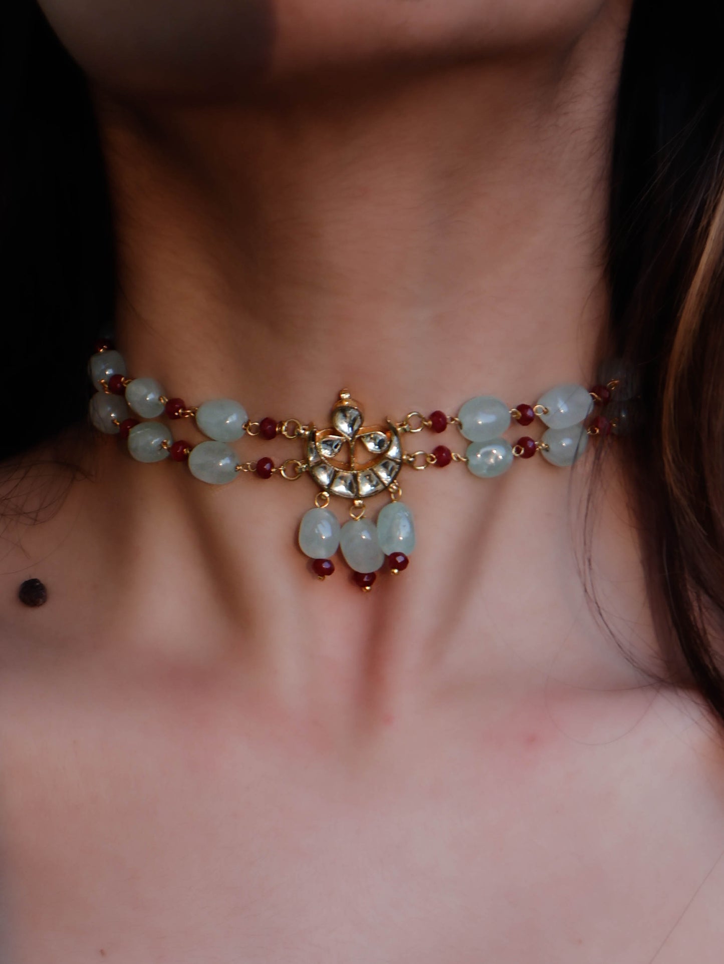 Agata Kundan Mint Green & Red Choker Necklace
