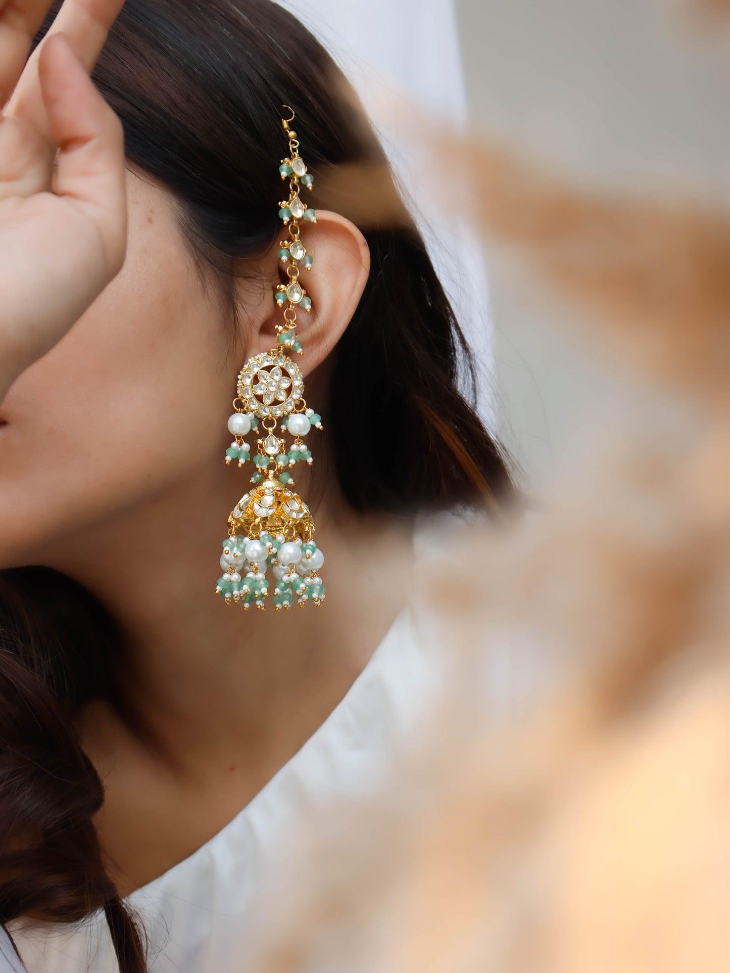 Keevah Mint-Green Kundan Chandbali Earrings