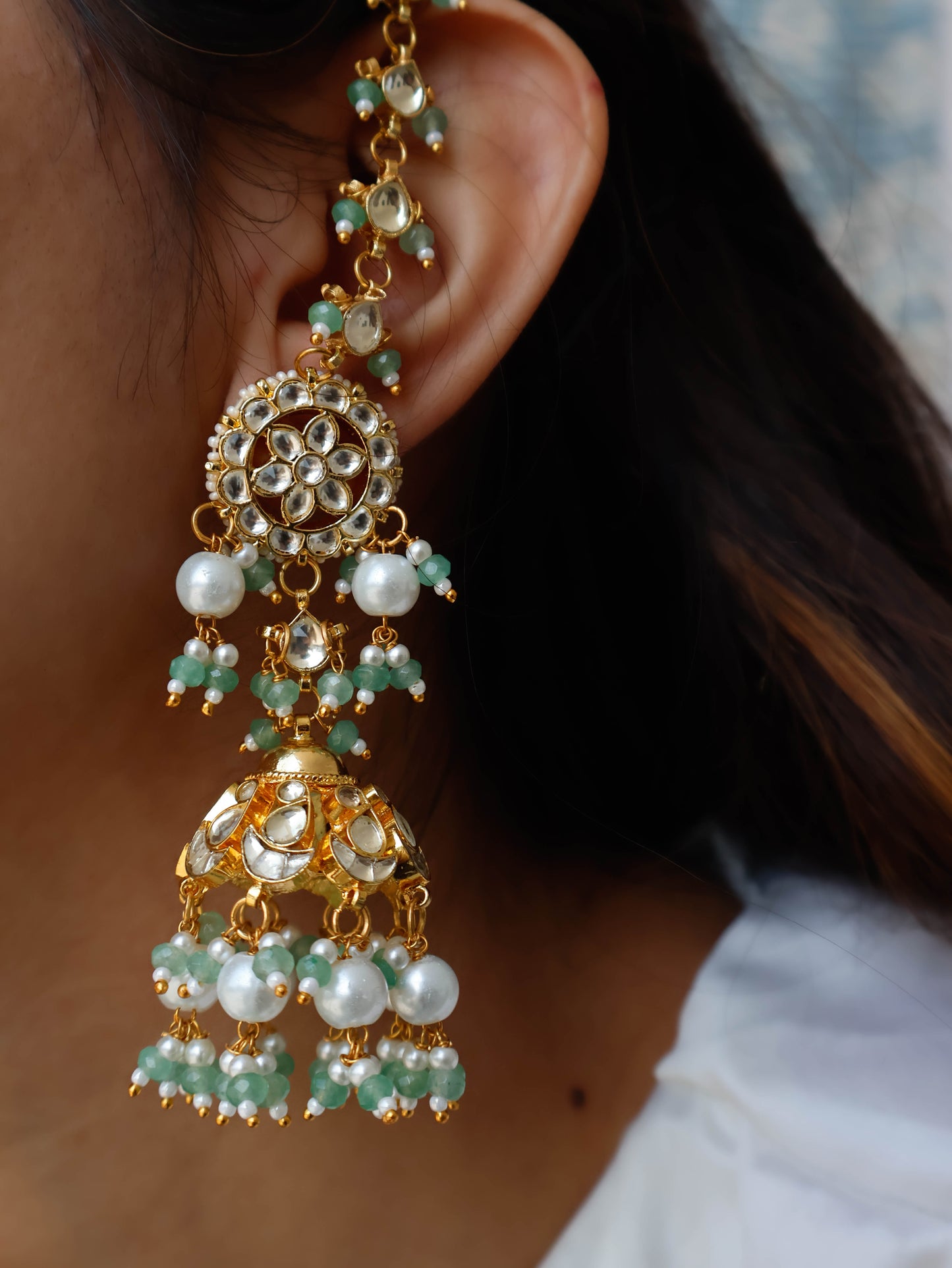 Keevah Mint-Green Kundan Chandbali Earrings