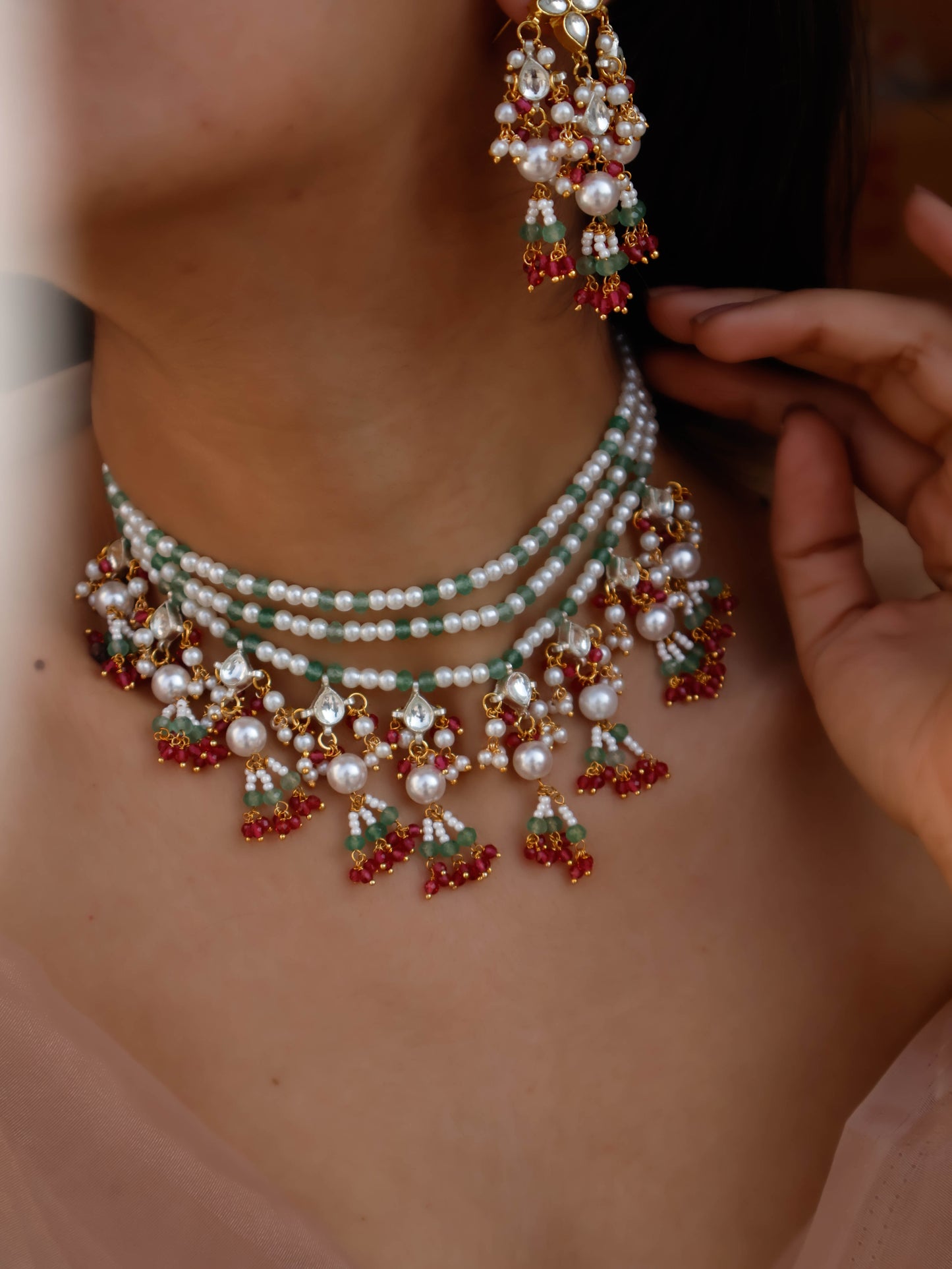 Dana Pink-Mint Kundan Necklace Set