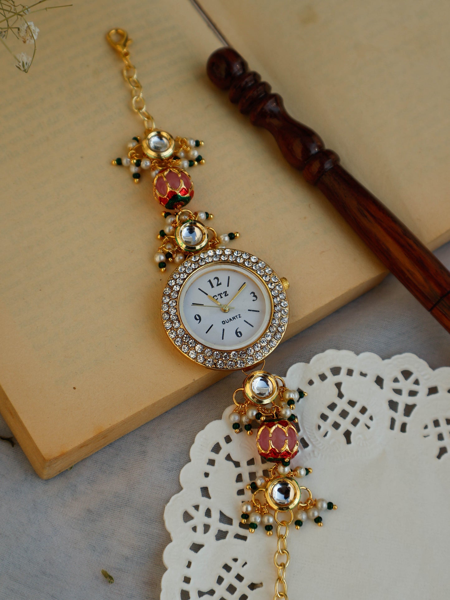 Rutvi Peachy Pink Kundan Wrist Watch