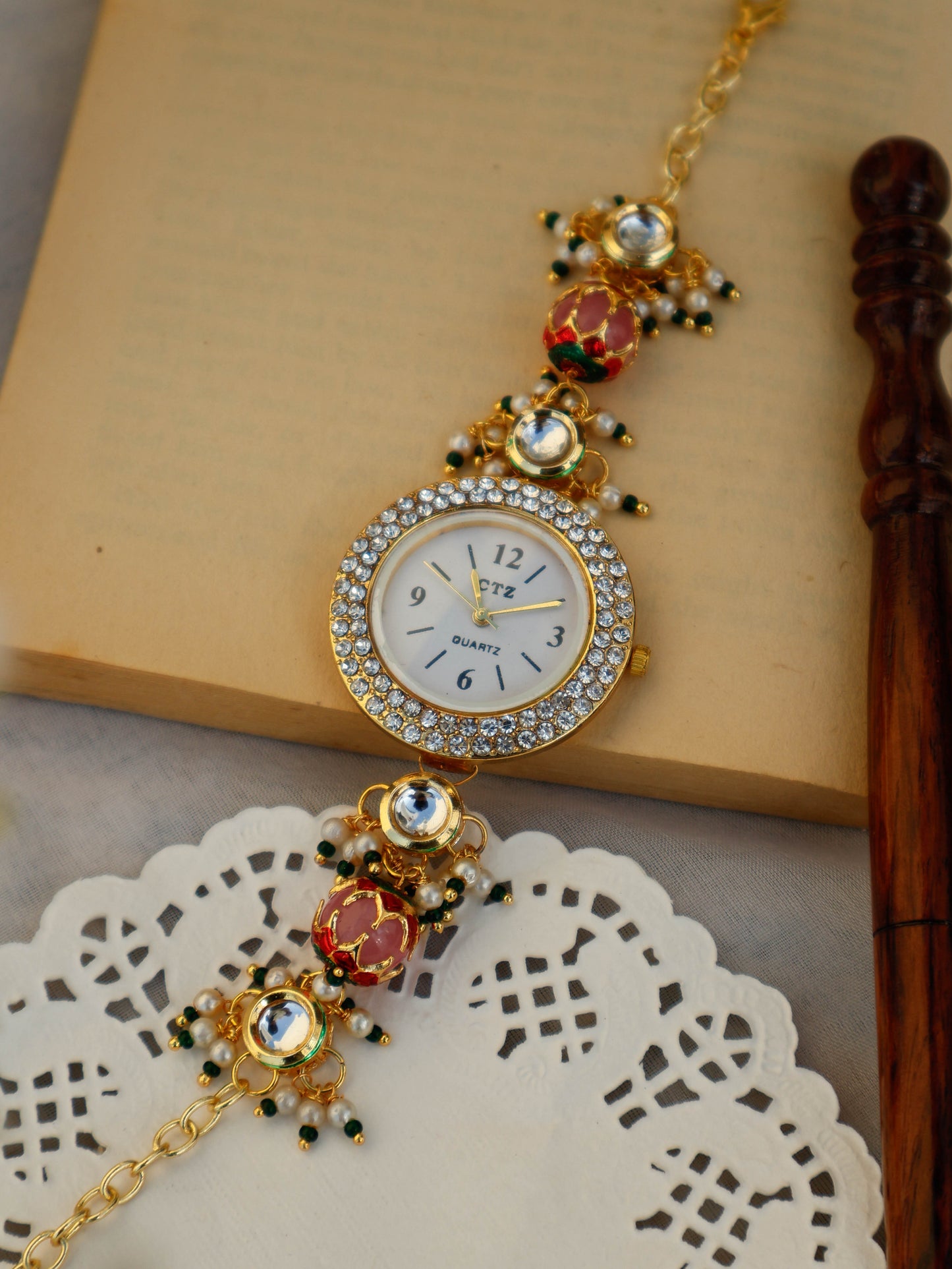 Rutvi Peachy Pink Kundan Wrist Watch