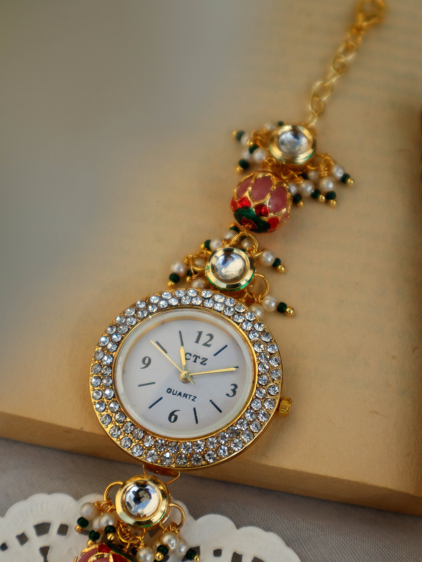 Rutvi Peachy Pink Kundan Wrist Watch