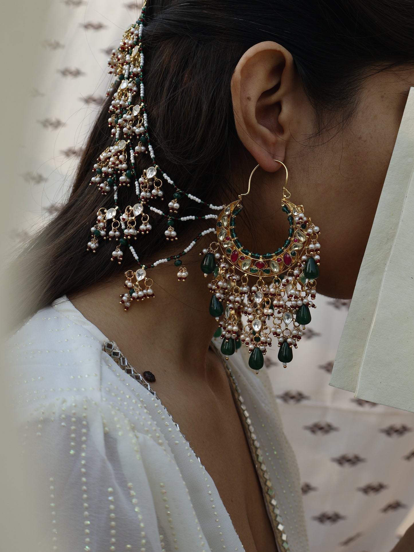 Veda Kundan Green Earchain Earrings