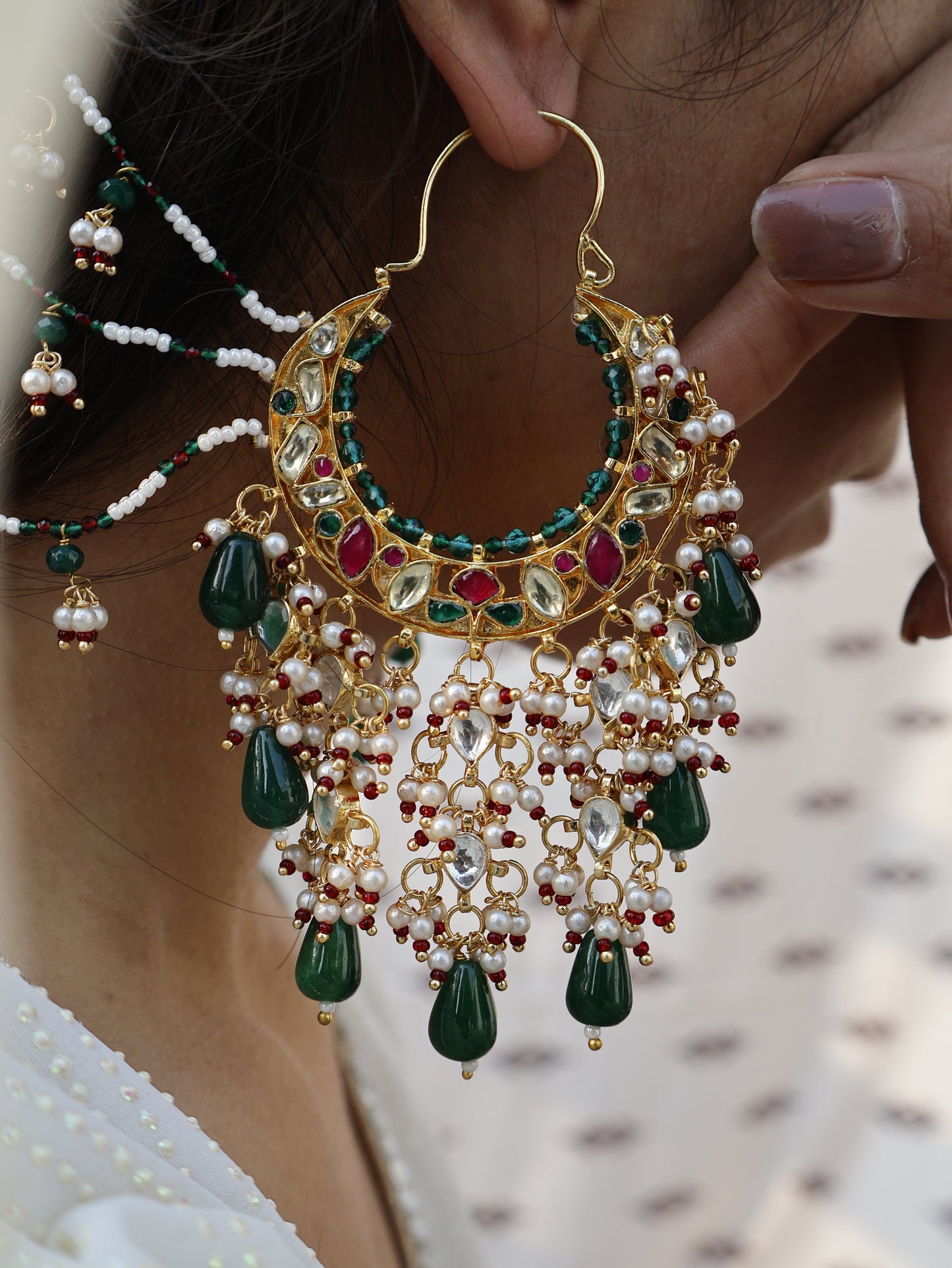 Veda Kundan Green Earchain Earrings
