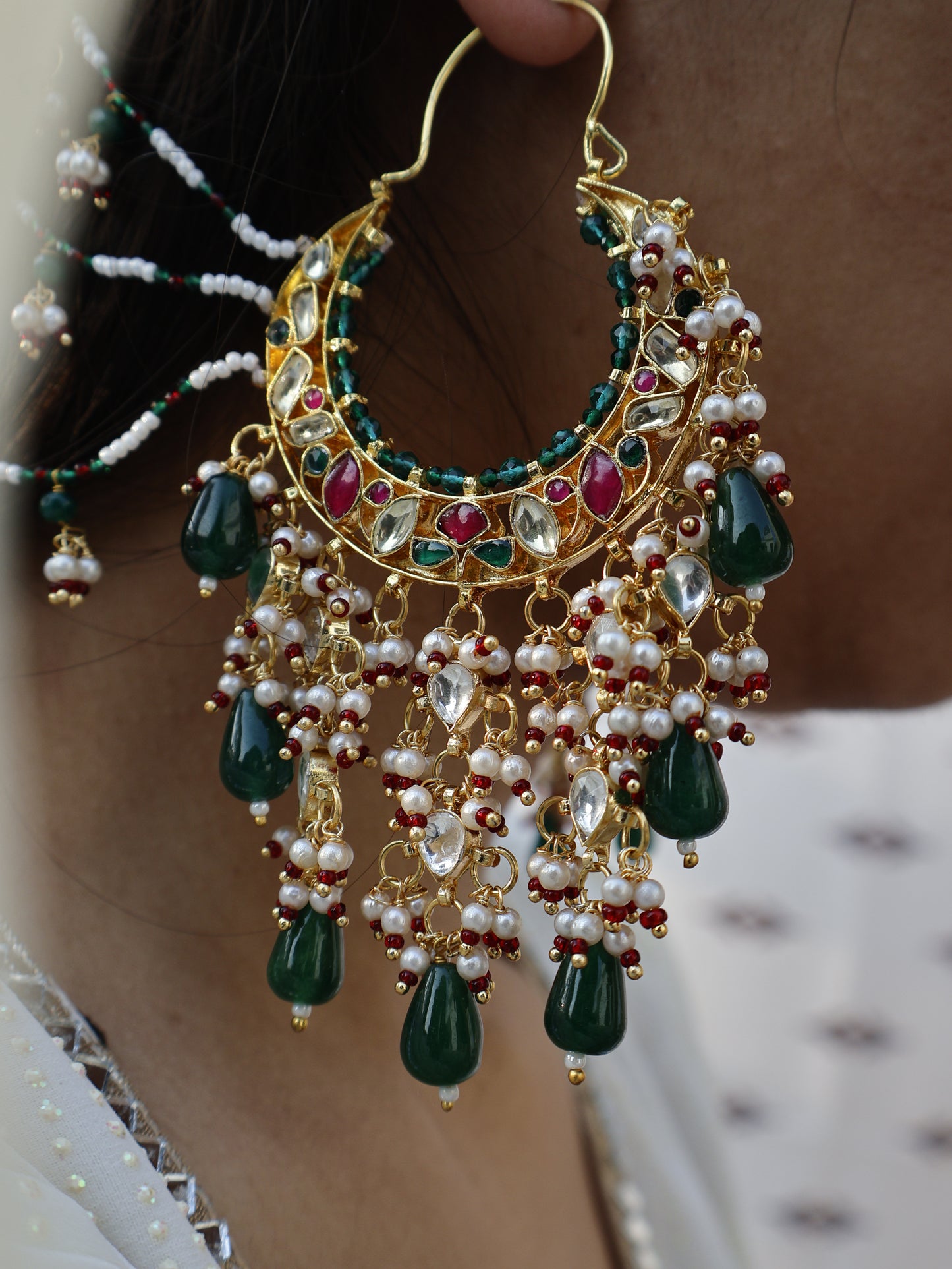 Veda Kundan Green Earchain Earrings