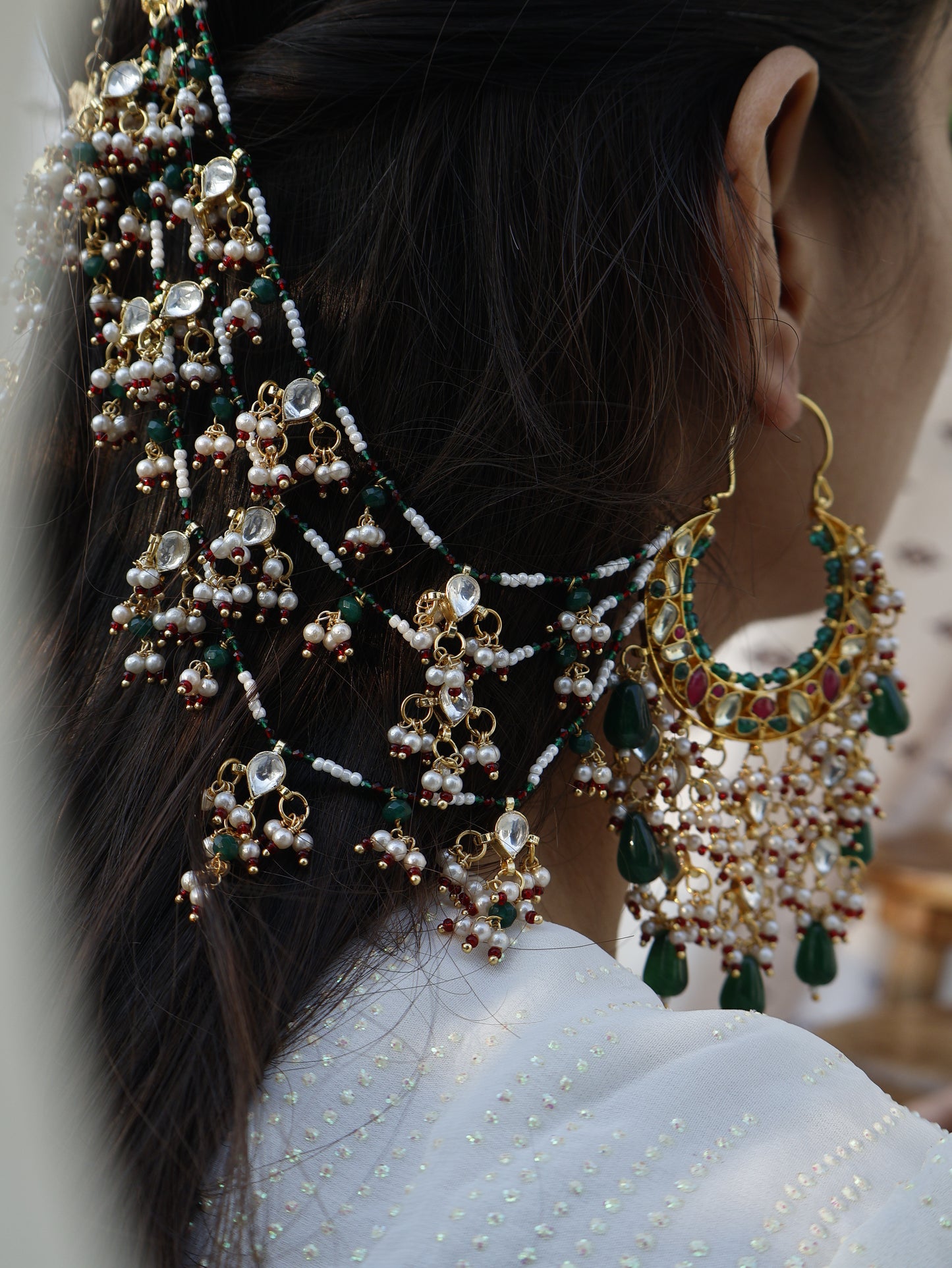 Veda Kundan Green Earchain Earrings