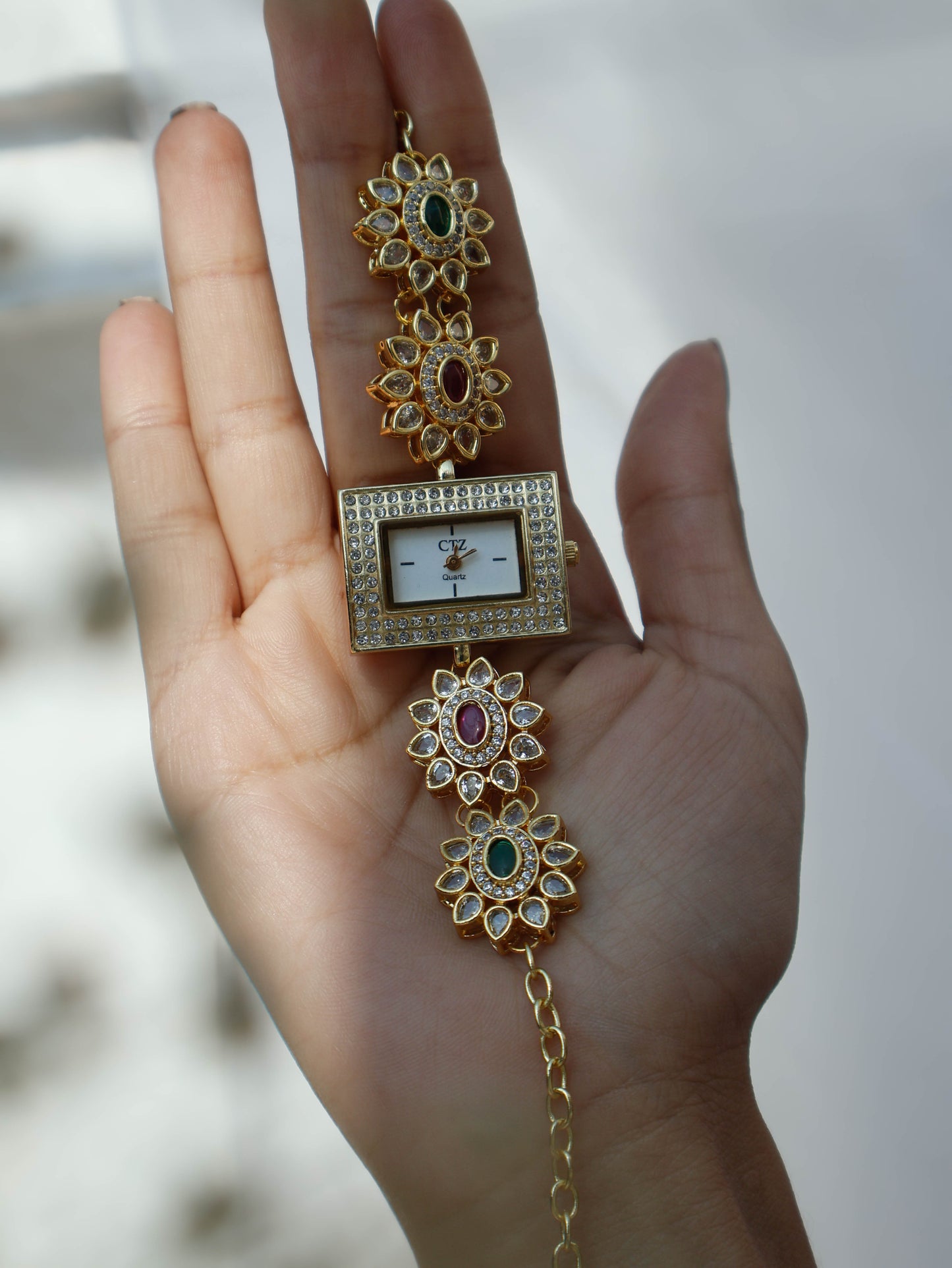 Anya Green-Red Kundan Wrist Watch