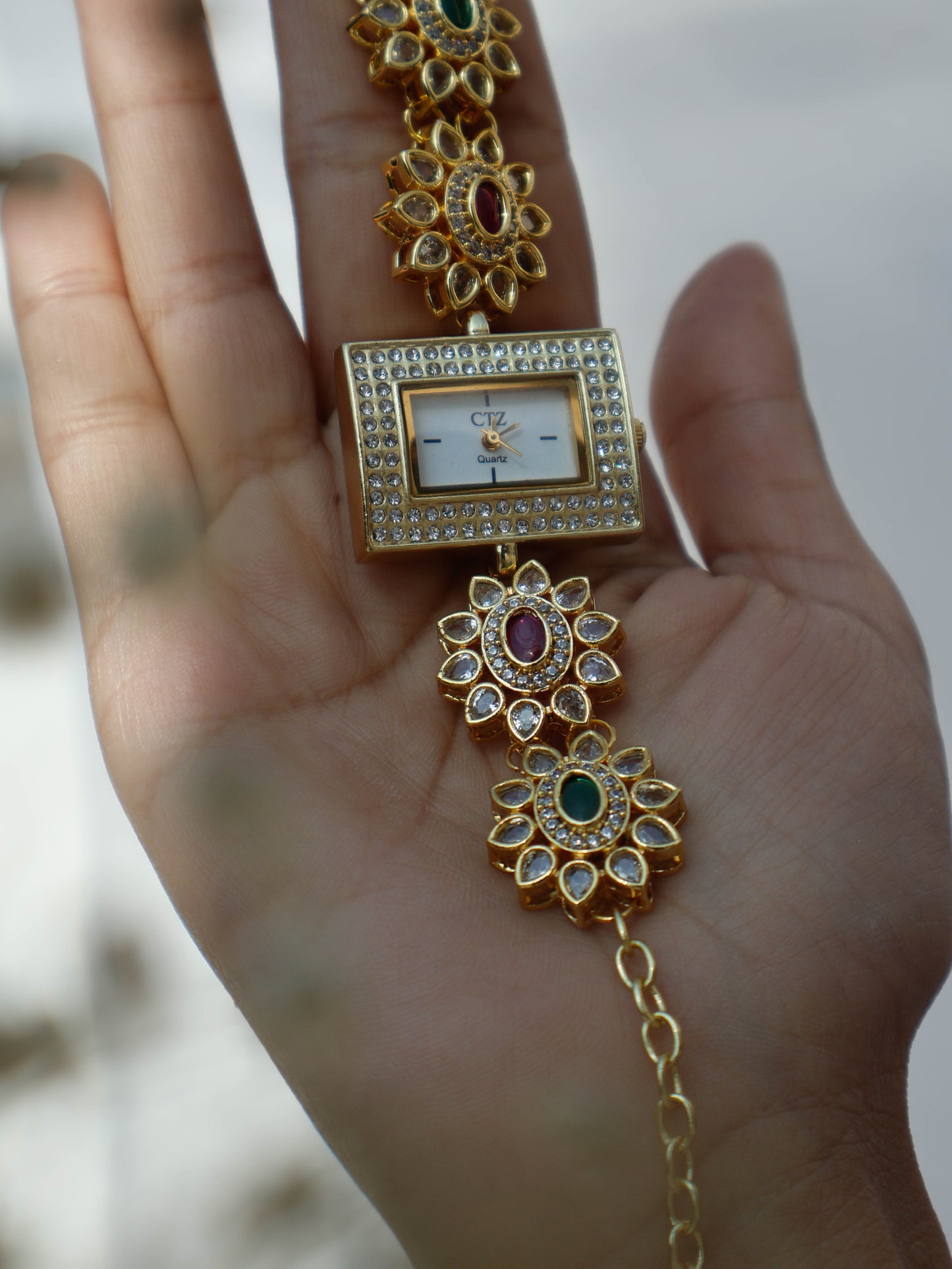 Anya Green-Red Kundan Wrist Watch