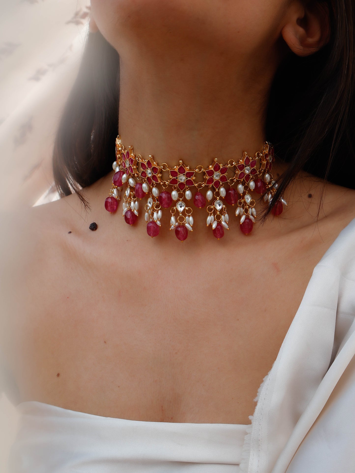 Lazina Pink Kundan Choker Necklace