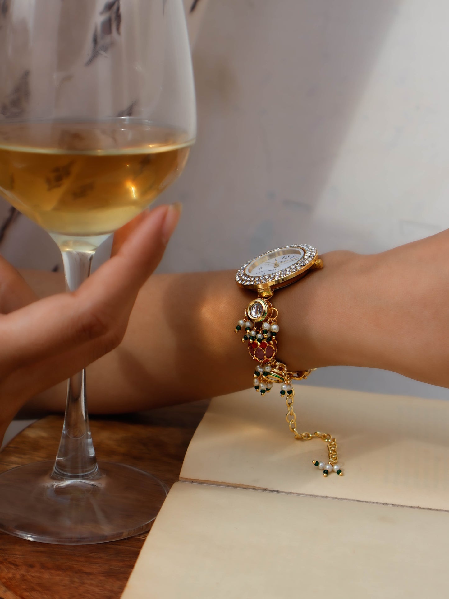 Rutvi Peachy Pink Kundan Wrist Watch