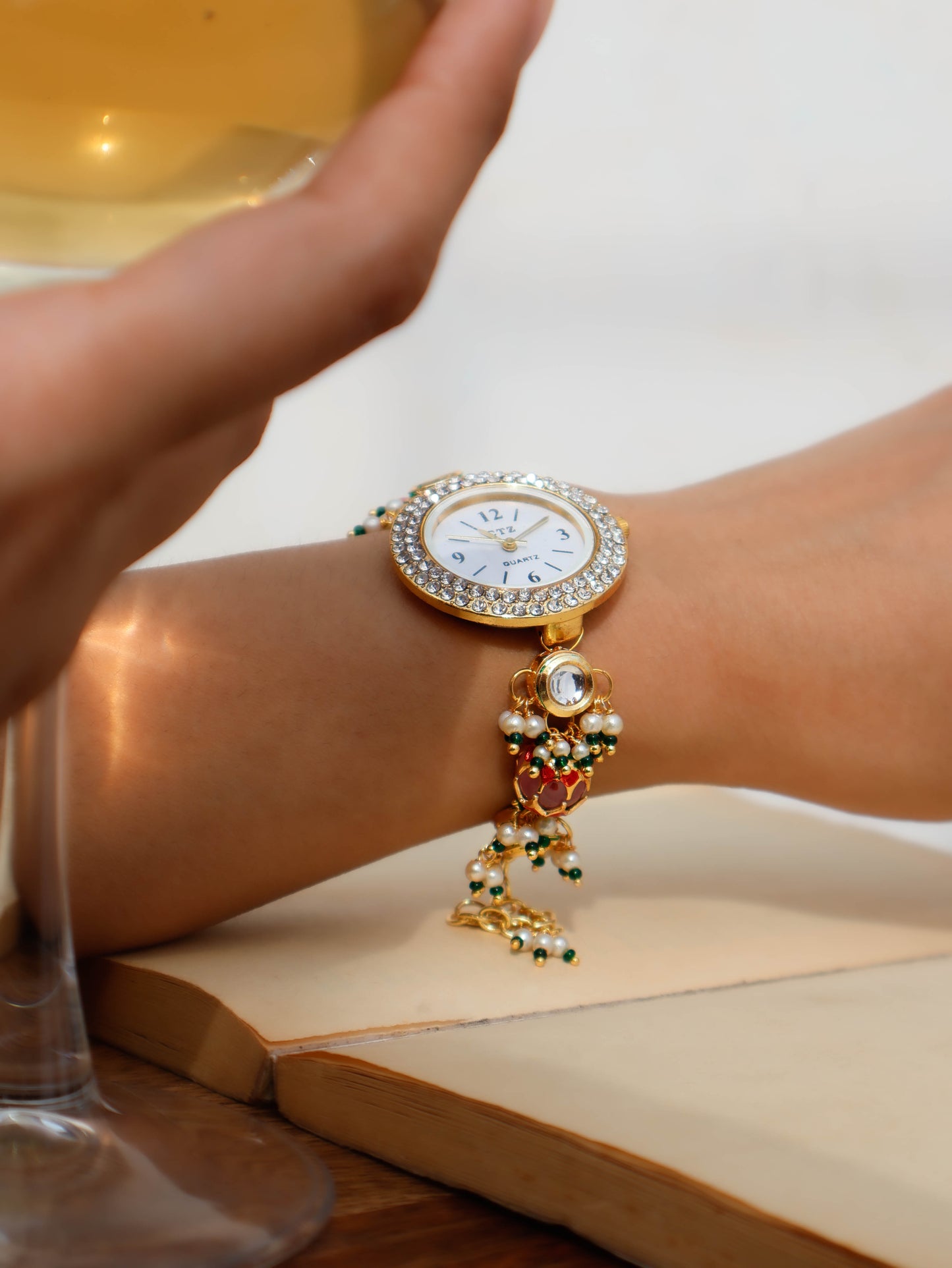 Rutvi Peachy Pink Kundan Wrist Watch