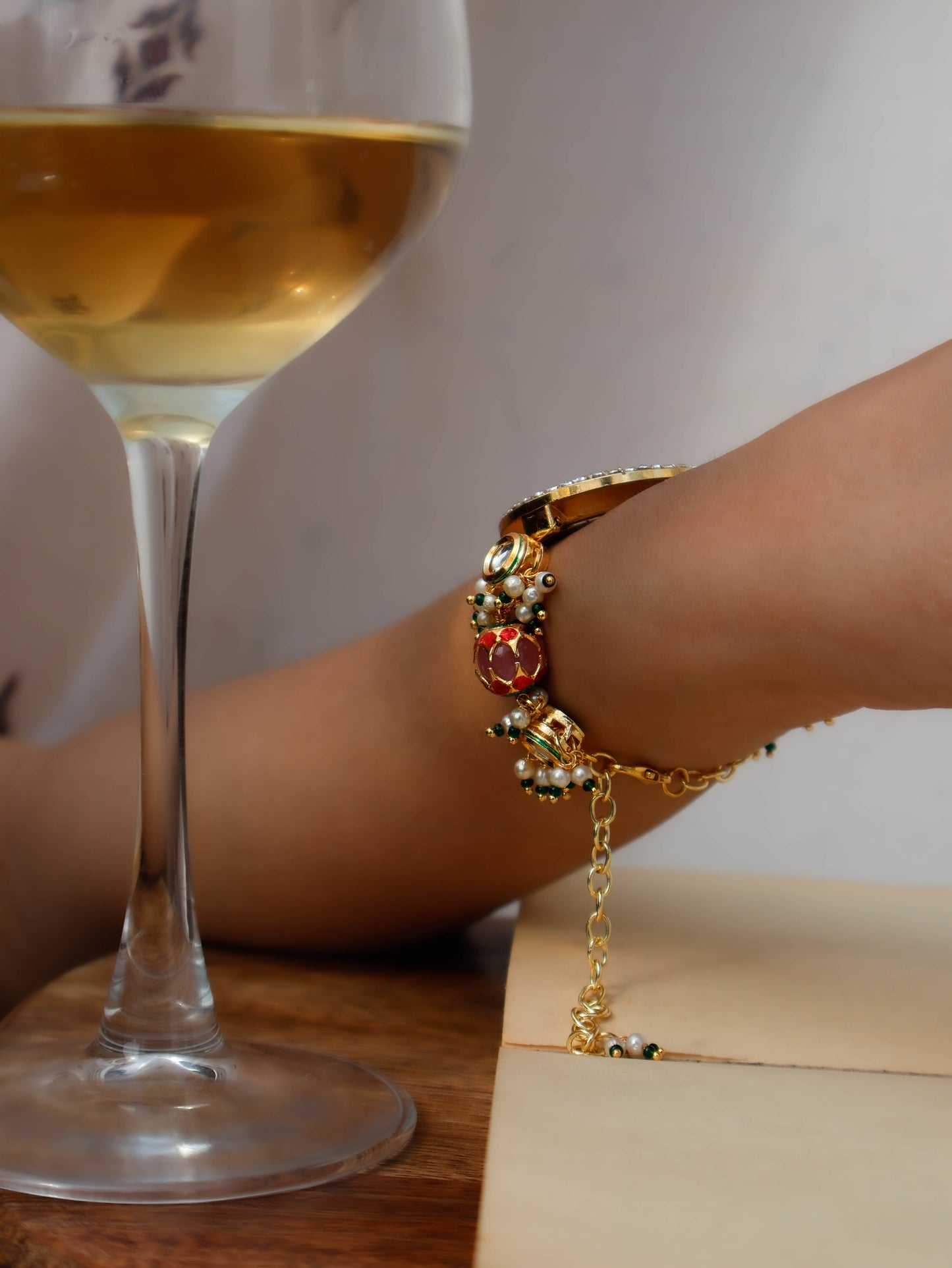 Rutvi Peachy Pink Kundan Wrist Watch